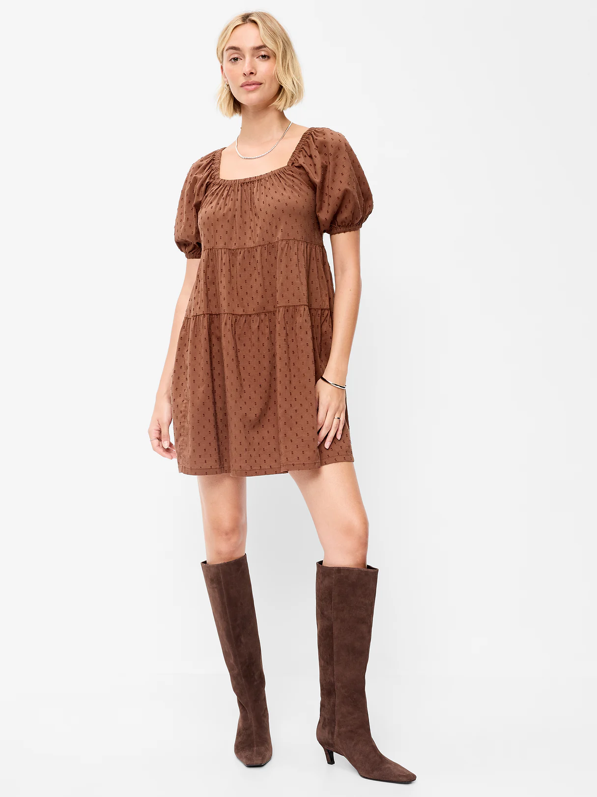 Puff-Sleeve Smocked Mini Swing Dress - Coco de mer