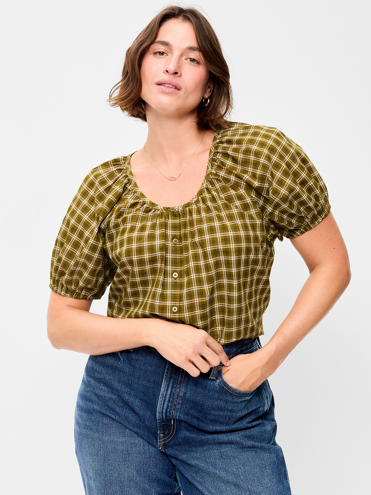 Airy Button-Down Top - Green Plaid