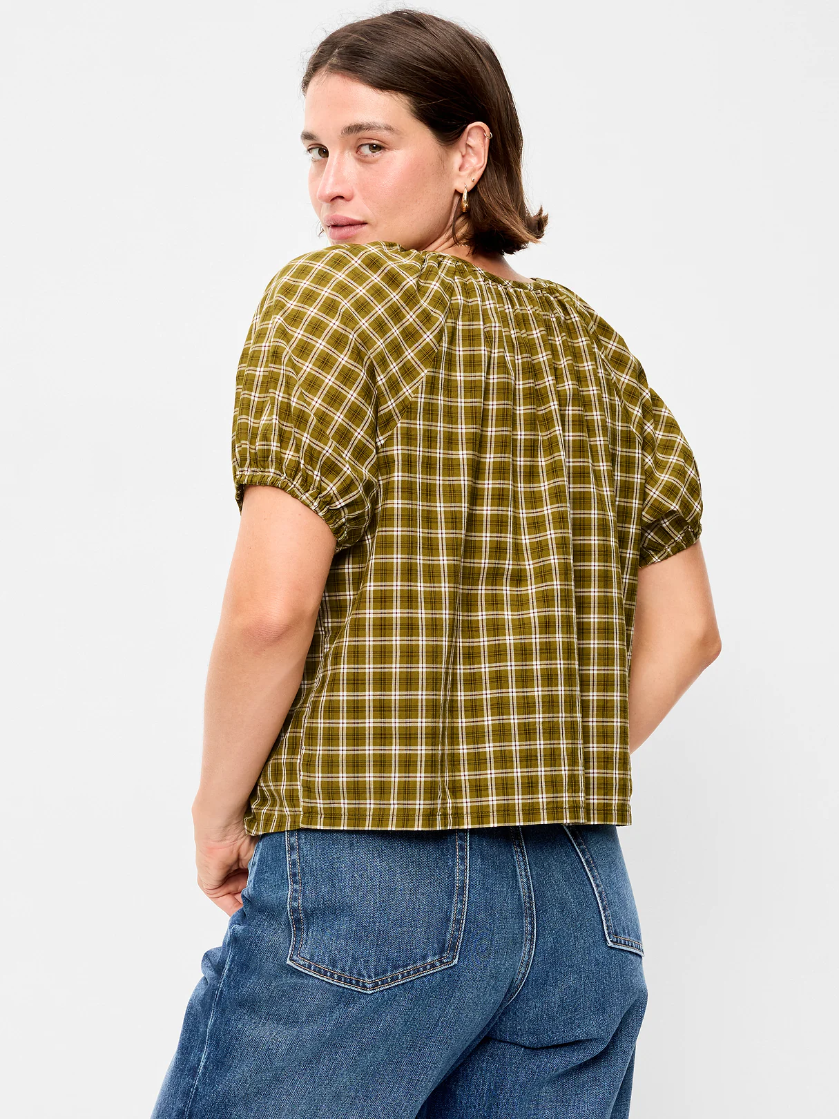 Airy Button-Down Top - Green Plaid