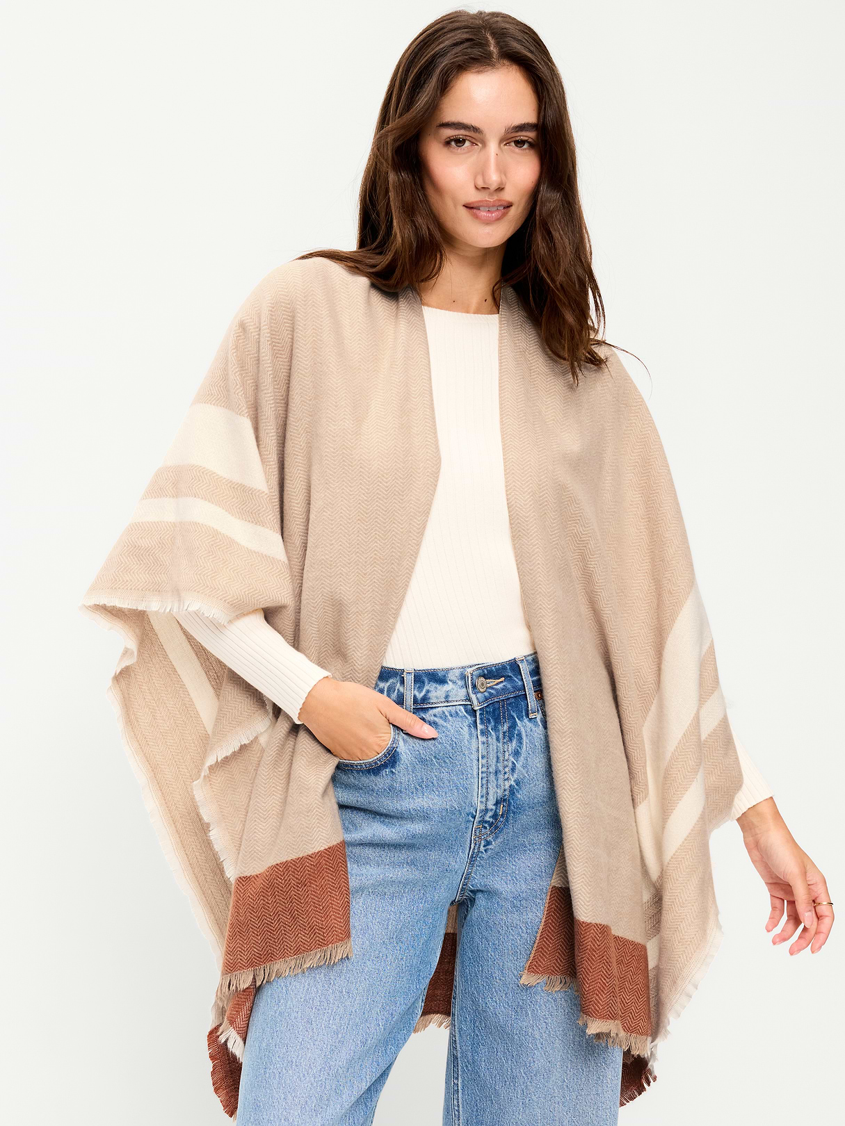 Flannel Fringe Poncho - Herringbone