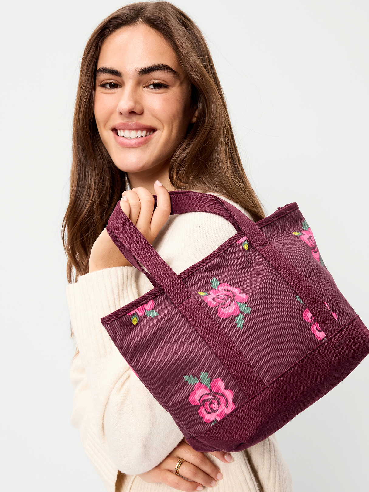 Small Graphic Tote Bag - Burgundy Ditsy Floral