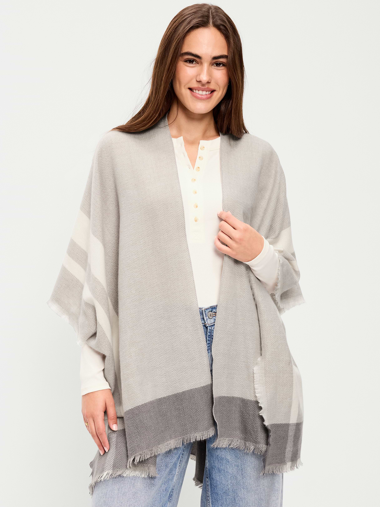 Flannel Fringe Poncho - Gray Herringbone