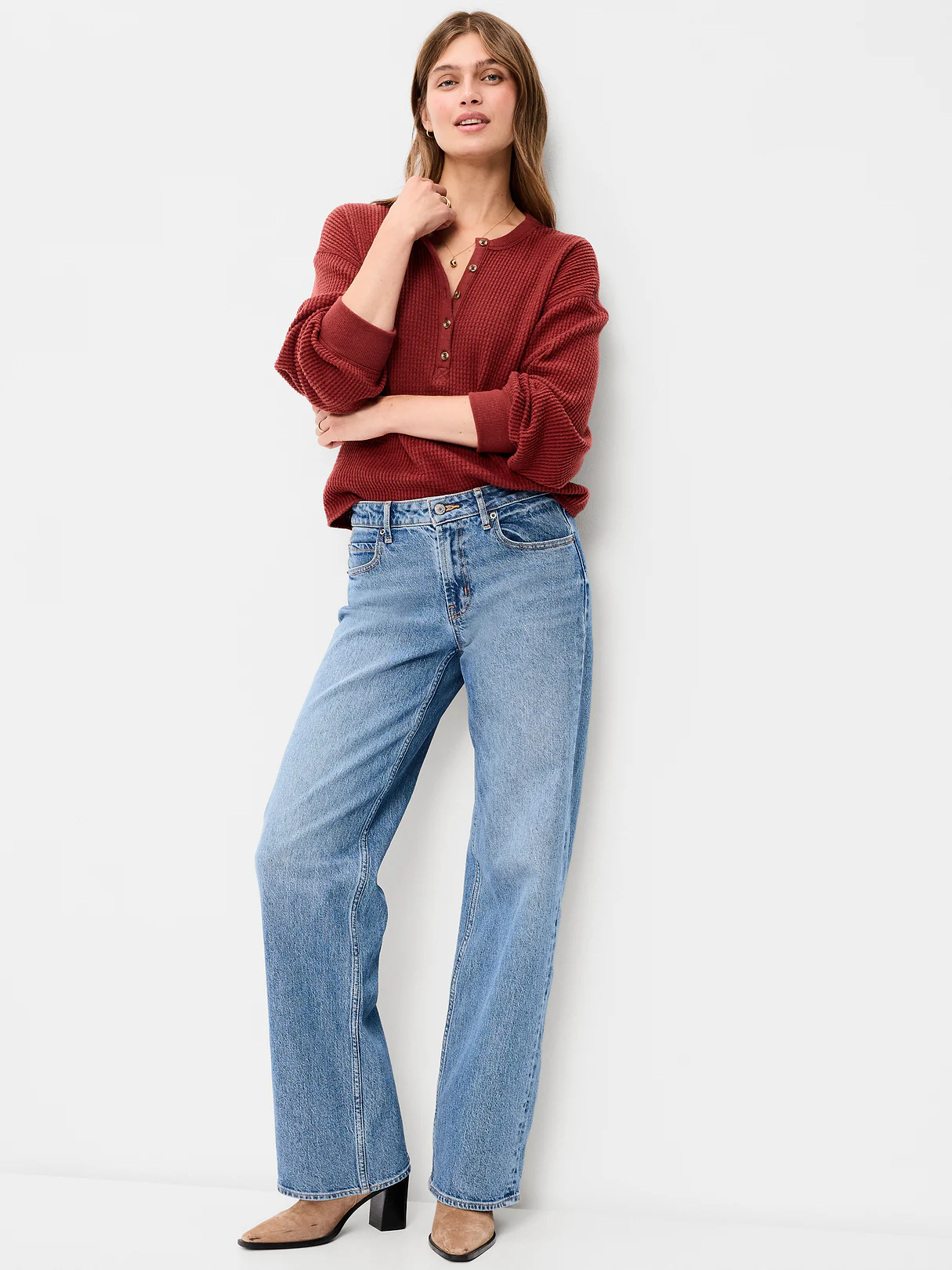 Long-Sleeve Crew-Neck Henley T-Shirt - Goji Berry