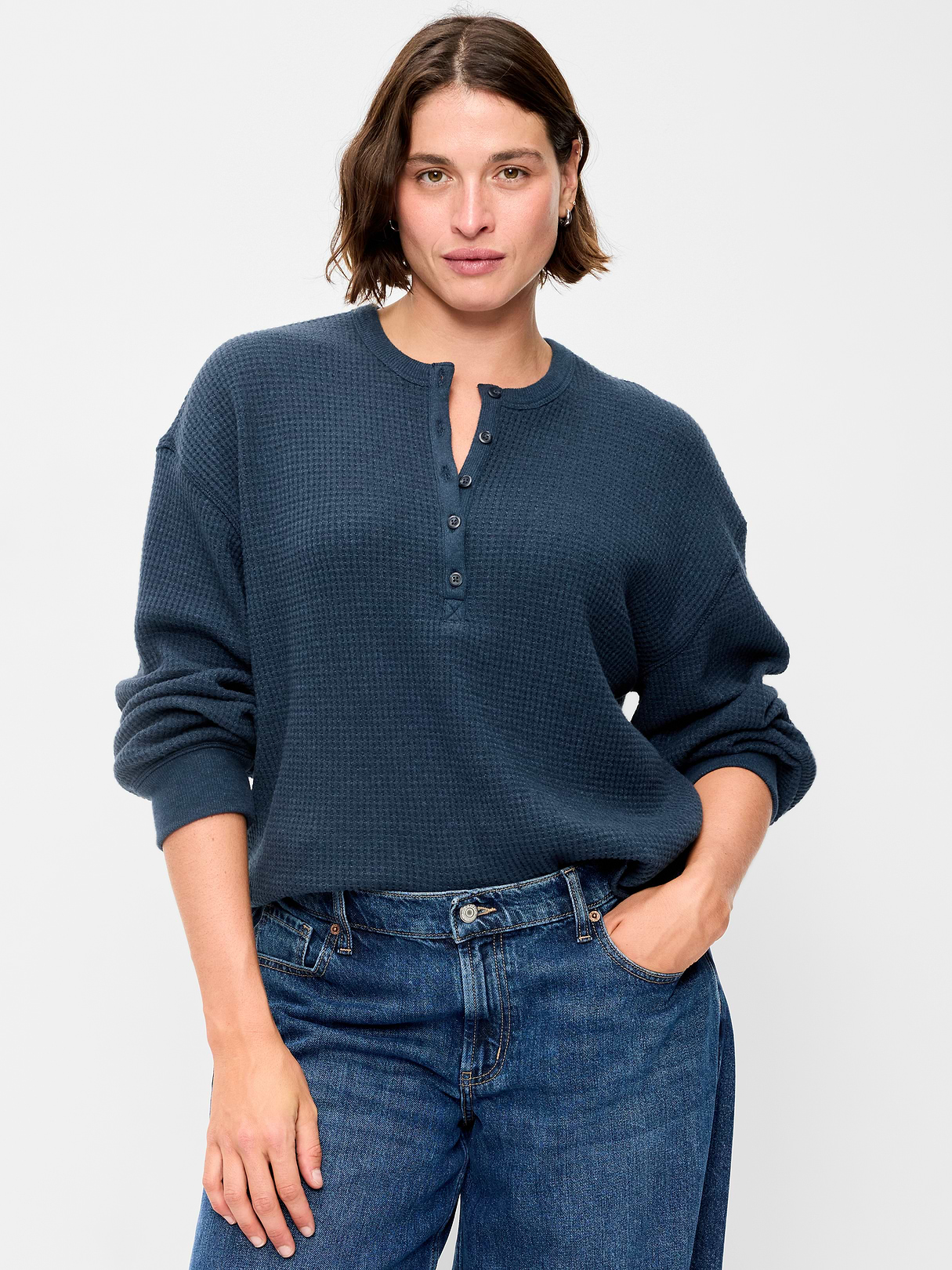 Long-Sleeve Crew-Neck Henley T-Shirt - Gothic Blue