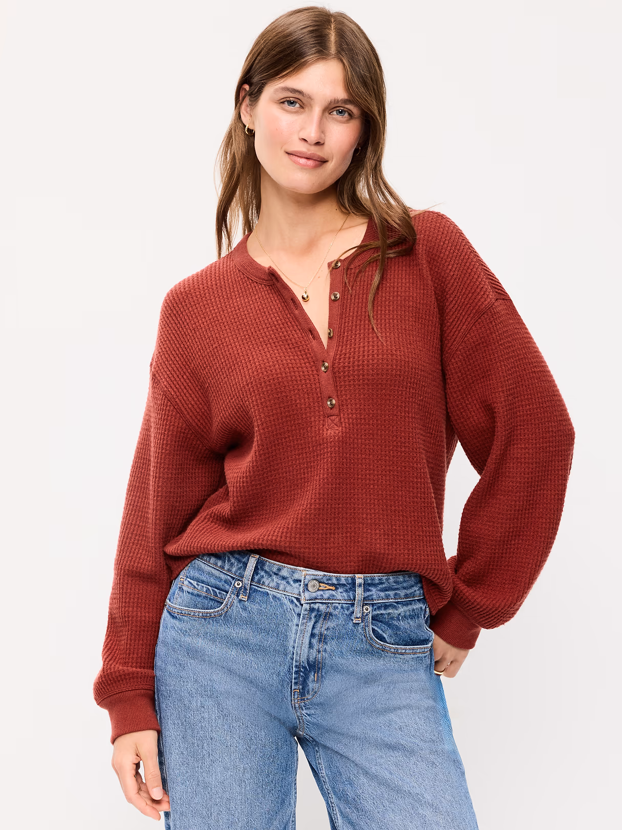 Long-Sleeve Crew-Neck Henley T-Shirt - Goji Berry