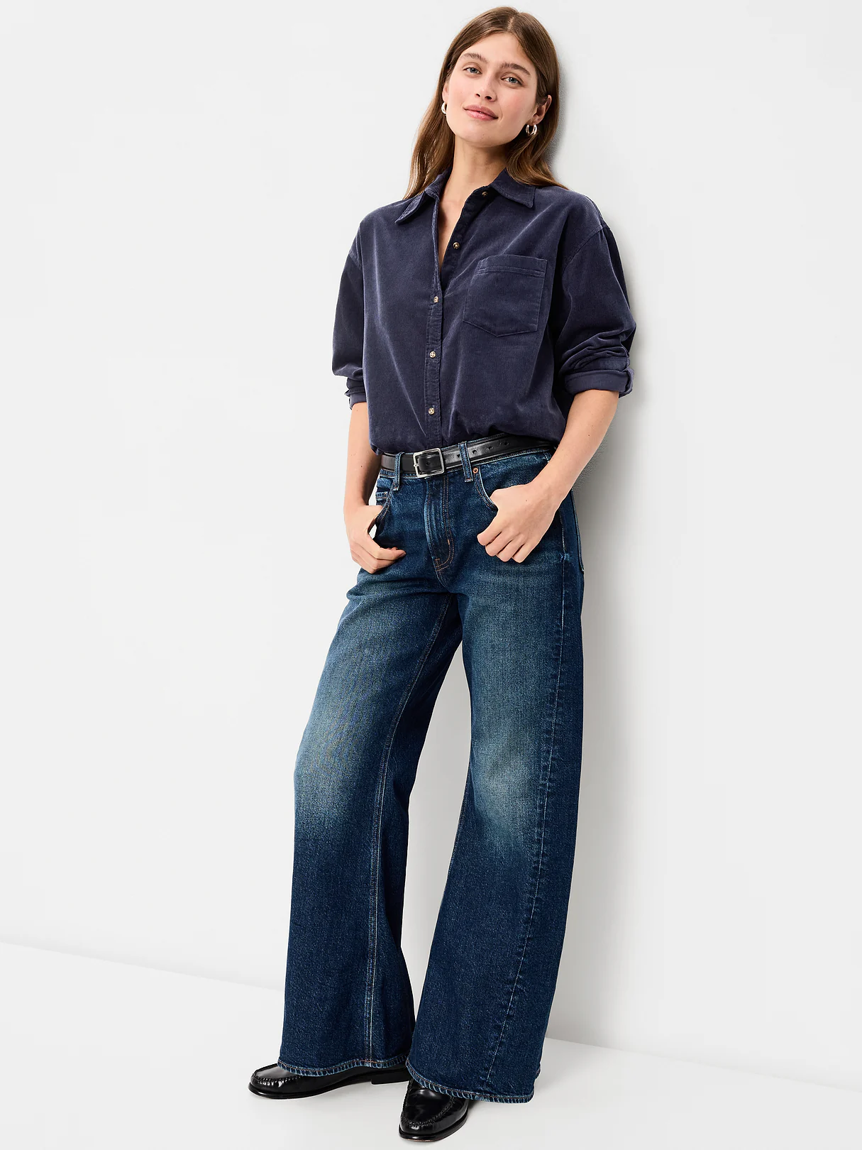 Oversized Boyfriend Button-Down Corduroy Shirt - Volcanic Glass