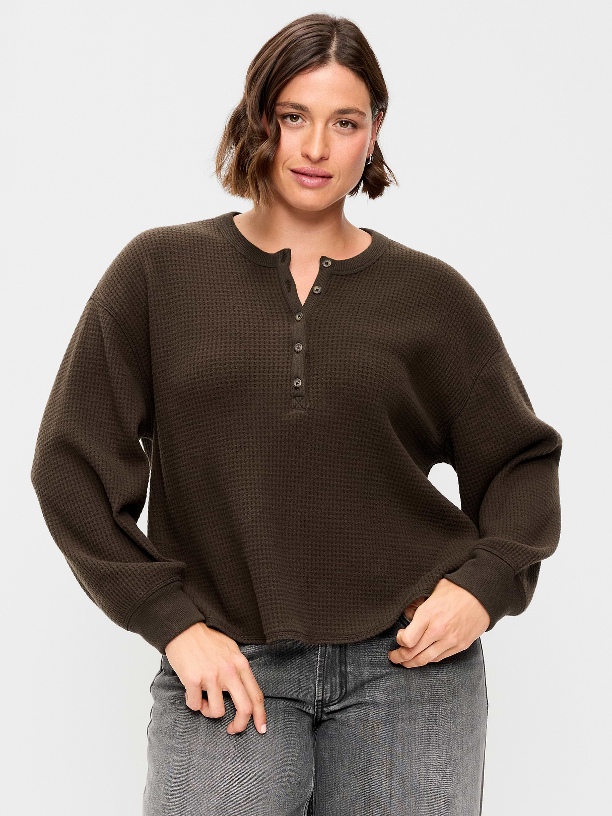 Long-Sleeve Crew-Neck Henley T-Shirt - Black Coffee