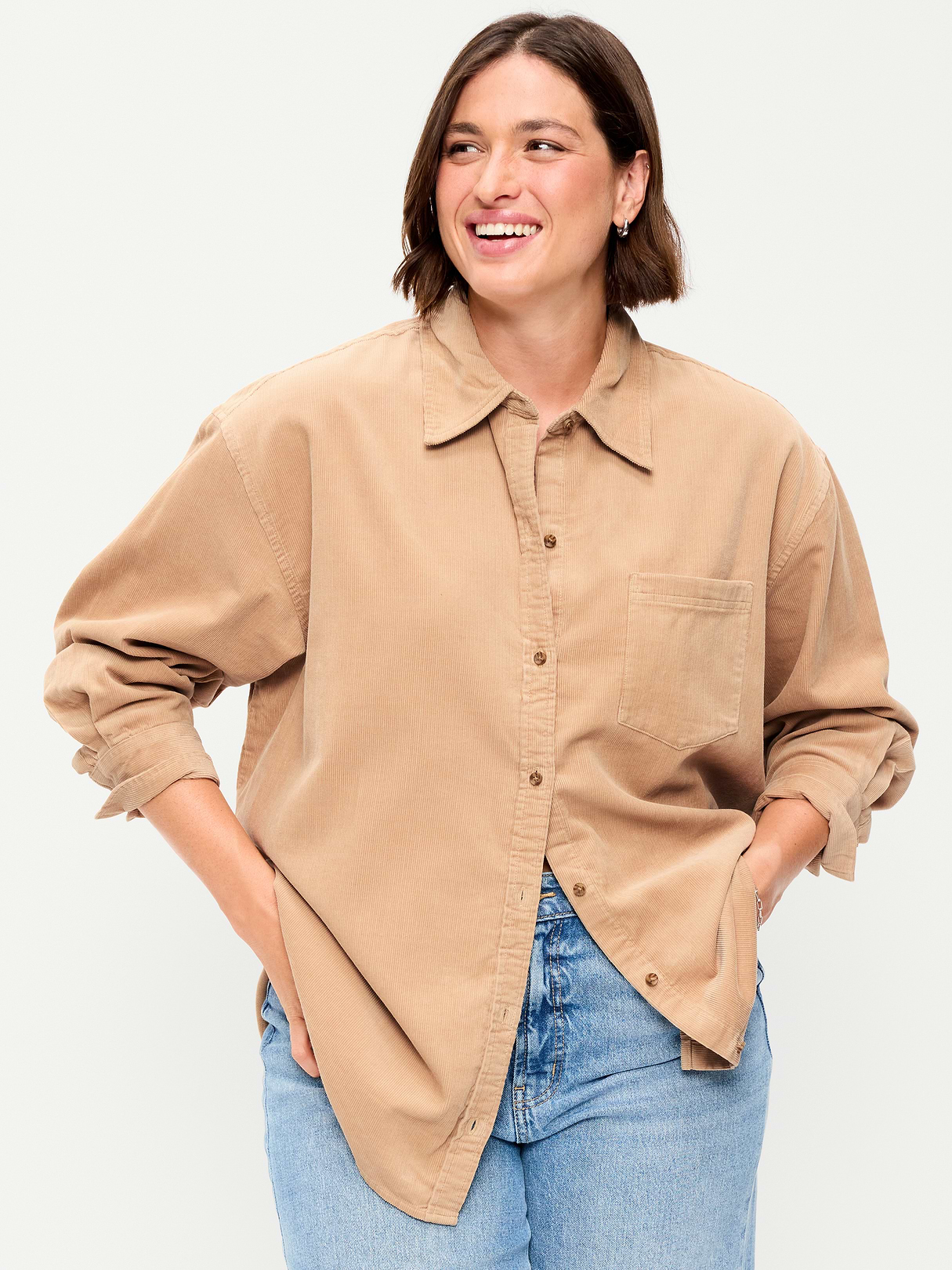 Oversized Boyfriend Button-Down Corduroy Shirt - Dried Linen
