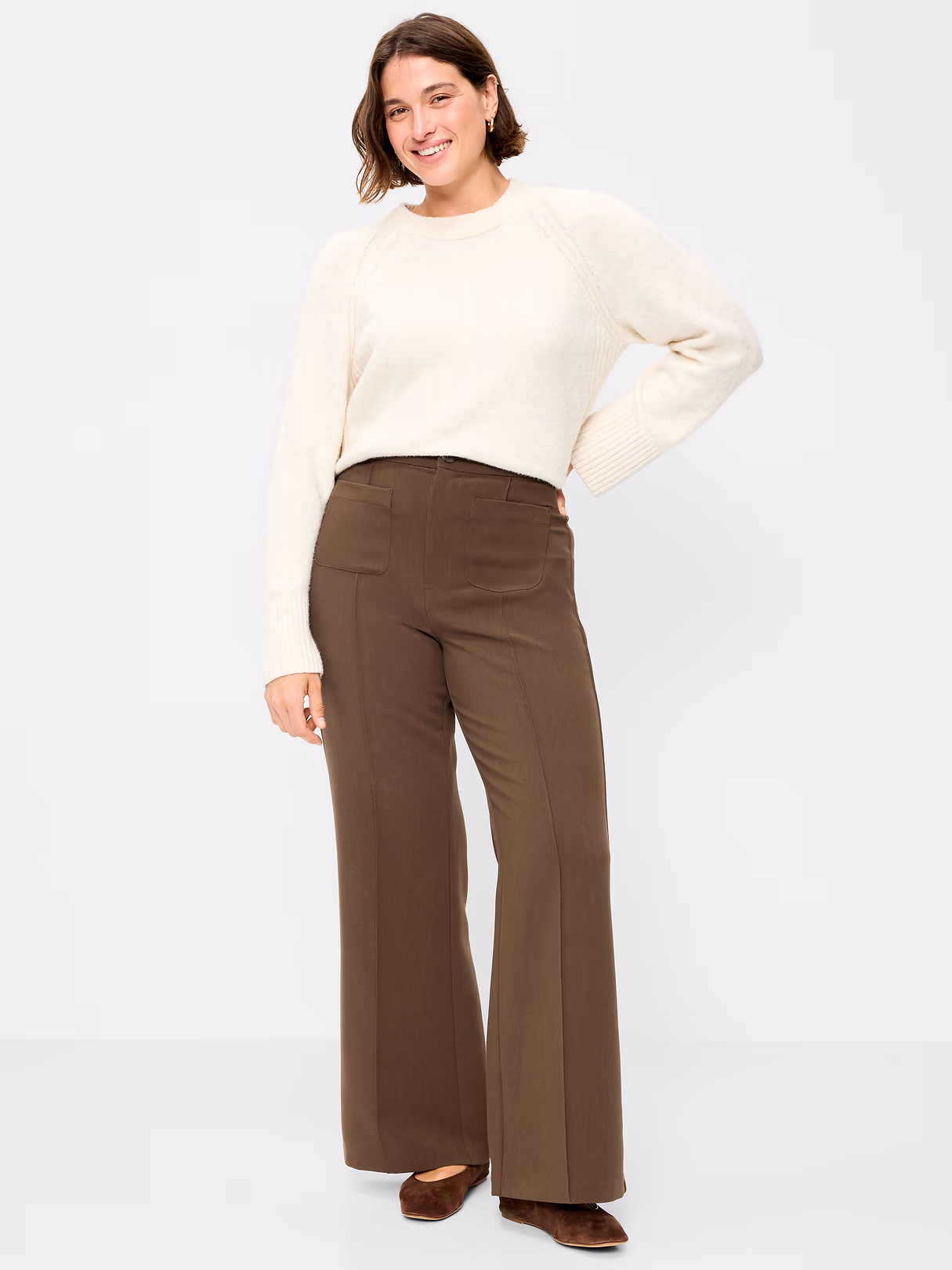 High-Waisted Patch Pocket Flare Pants - Earthen