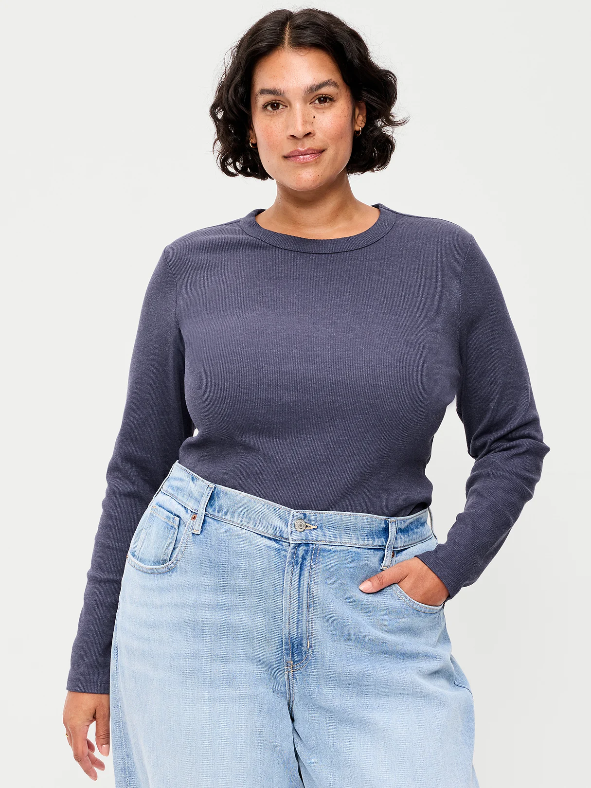 Snug Long-Sleeve Striped Ribbed T-Shirt - Volcanic Glass