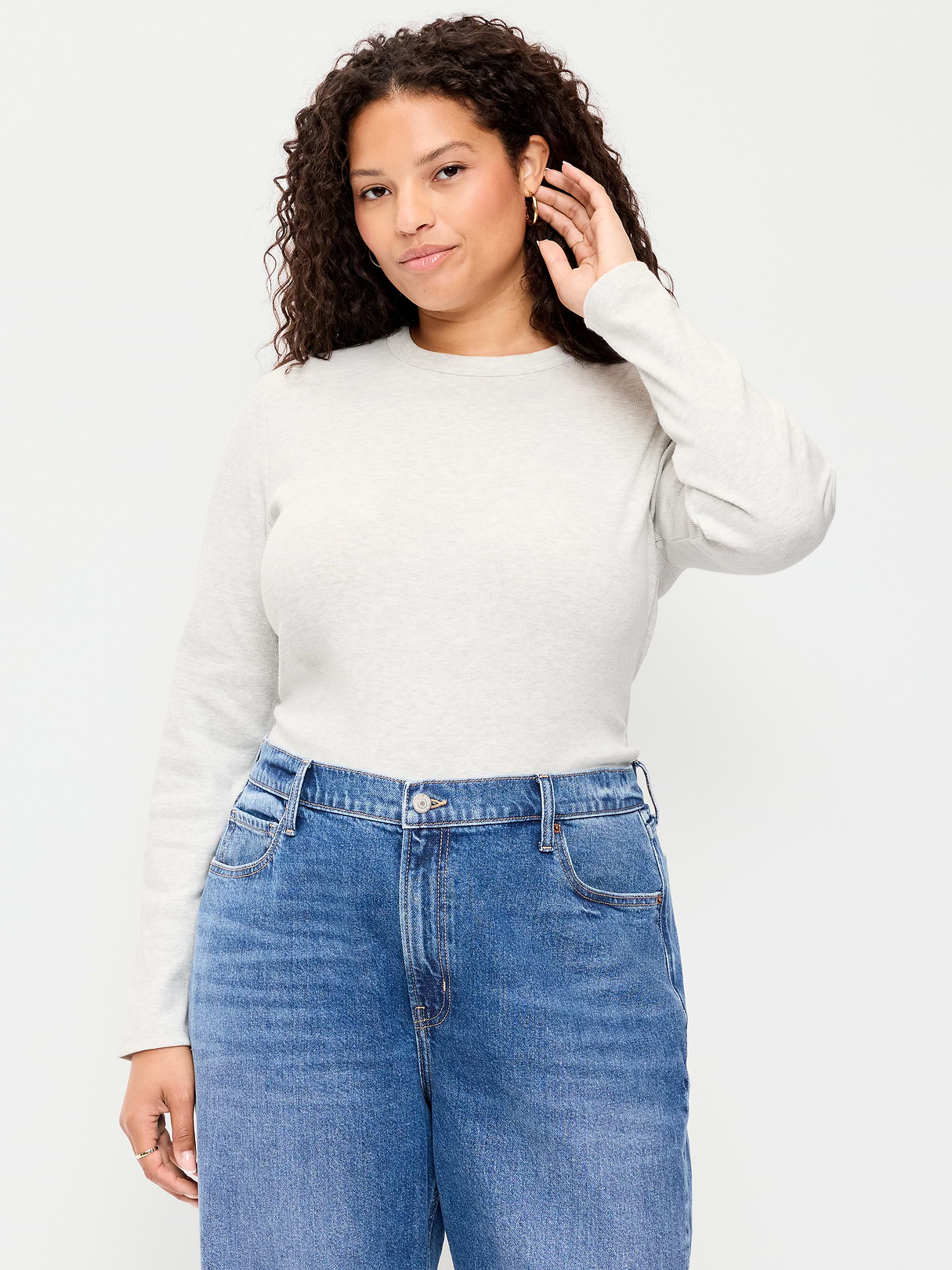 Snug Long-Sleeve Striped Ribbed T-Shirt - Light Heather Gray