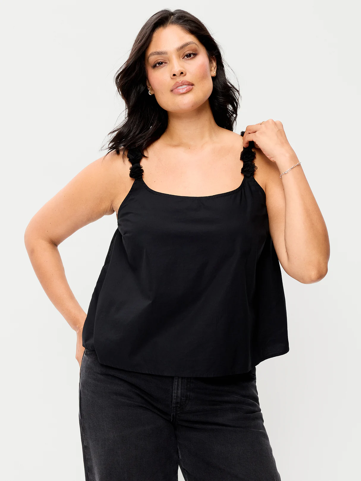 Rosette-Strap Tank Top - Black Jack