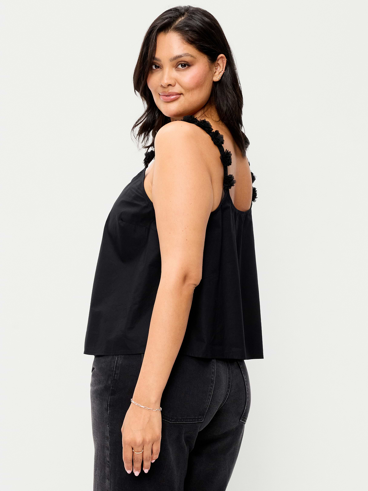 Rosette-Strap Tank Top - Black Jack