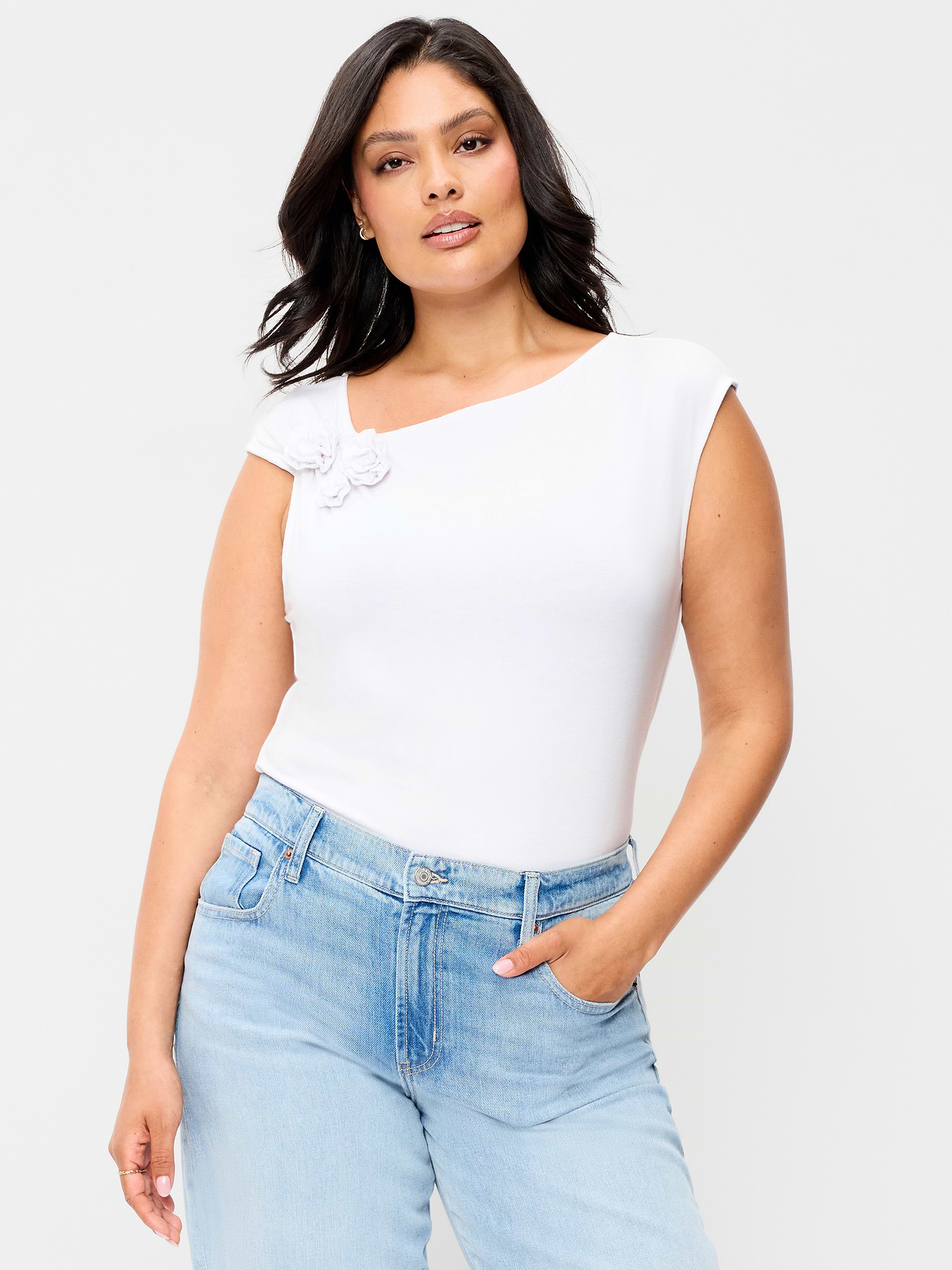Gathered-Shoulder Rosette Top - White Lilies