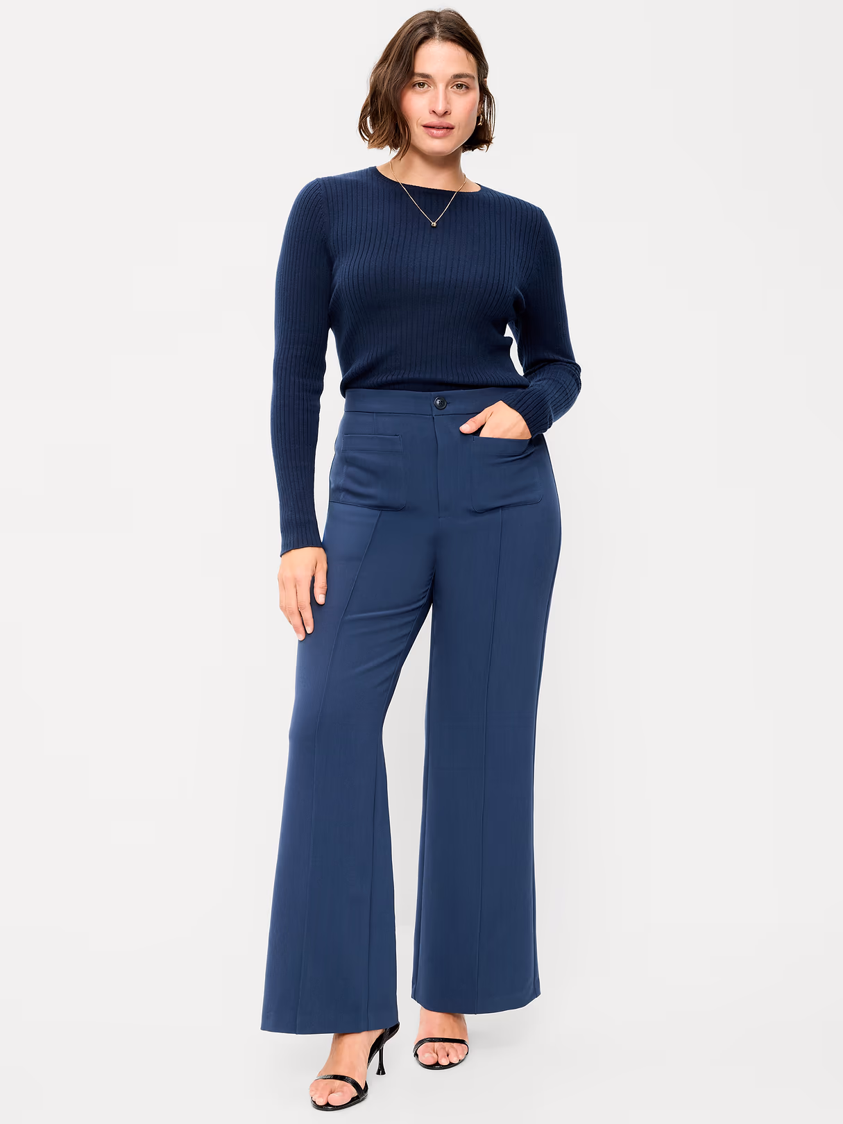 High-Waisted Patch Pocket Flare Pants - Gothic Blue
