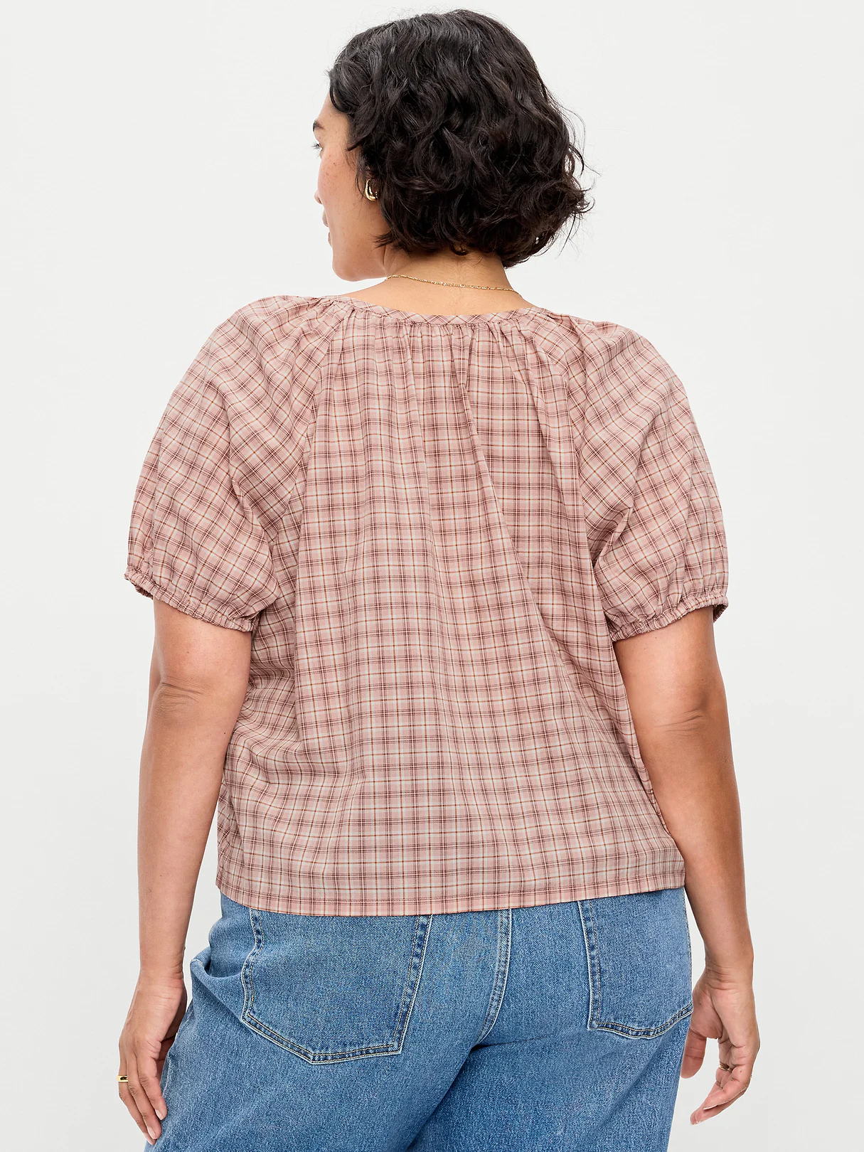 Airy Button-Down Top - Pink Plaid