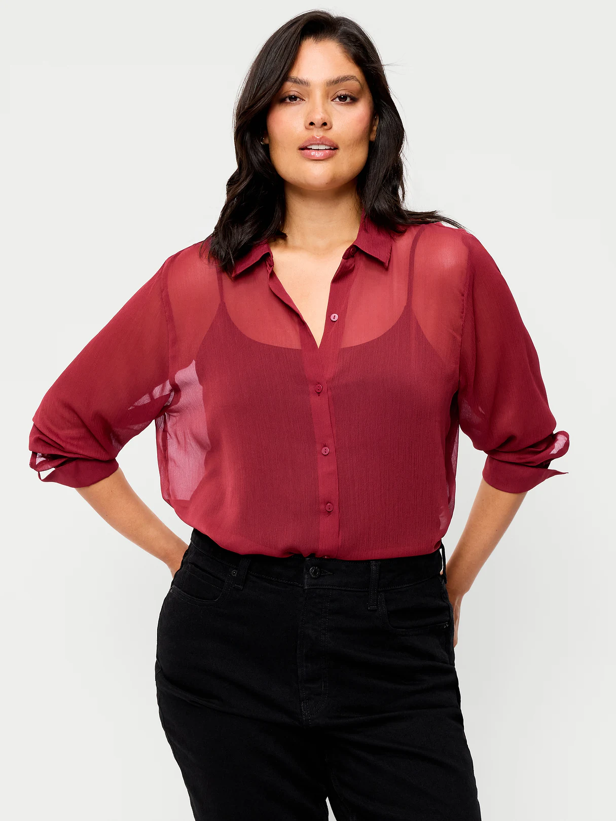 Chiffon Sheer Button-Down Shirt - Emberglow
