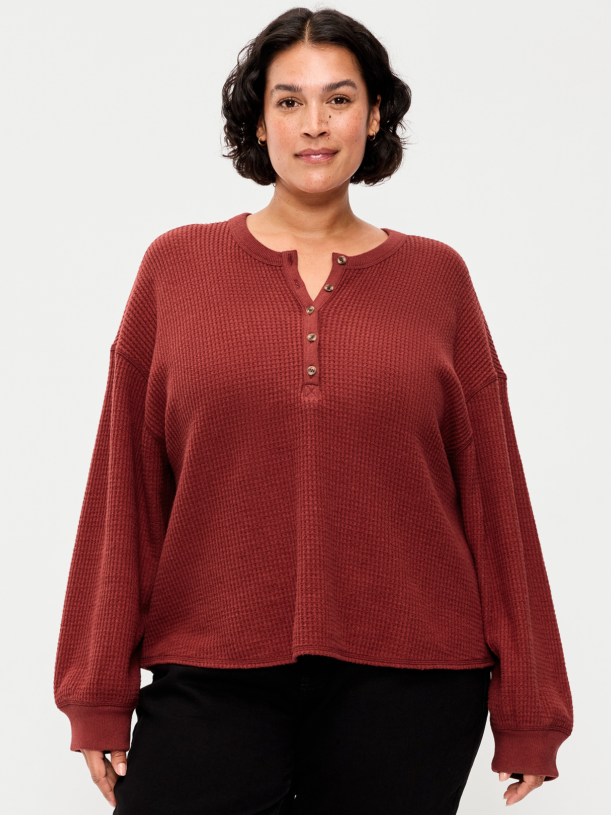 Long-Sleeve Crew-Neck Henley T-Shirt - Goji Berry