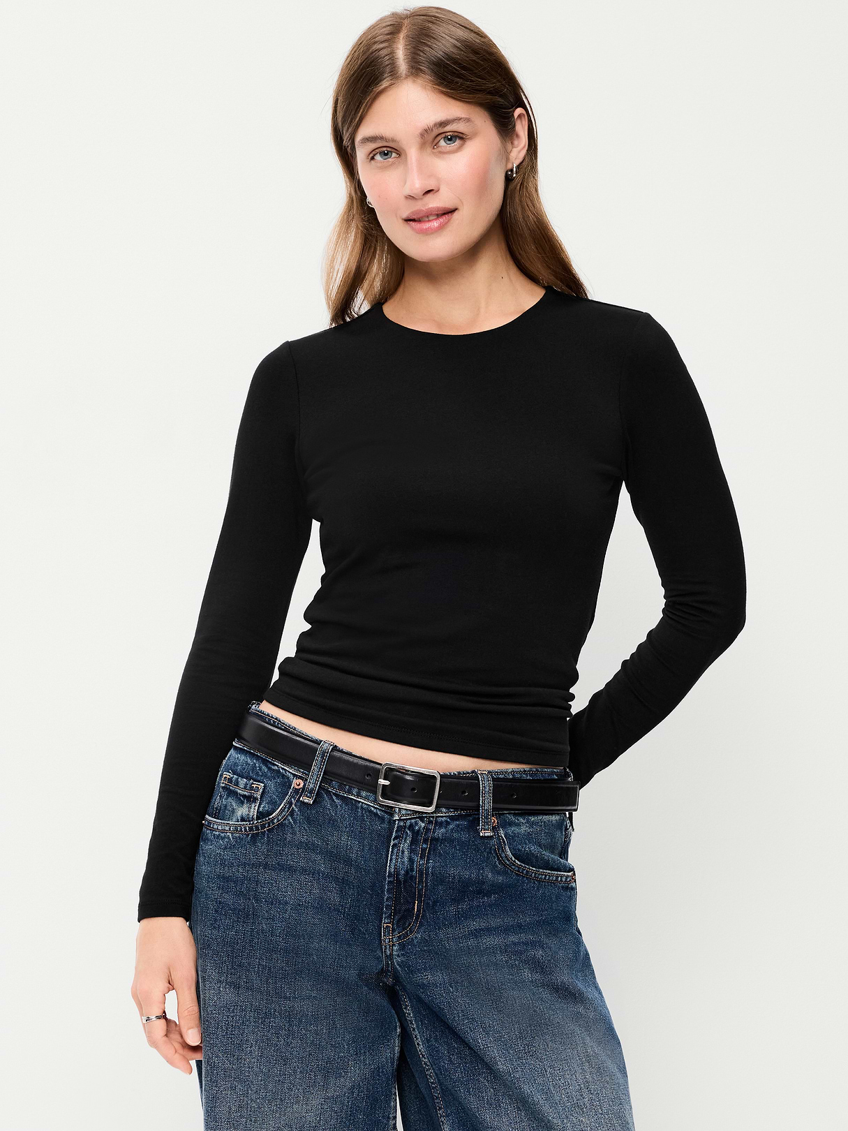 Hug Double-Layer Crew-Neck Long-Sleeve Top - Black Jack