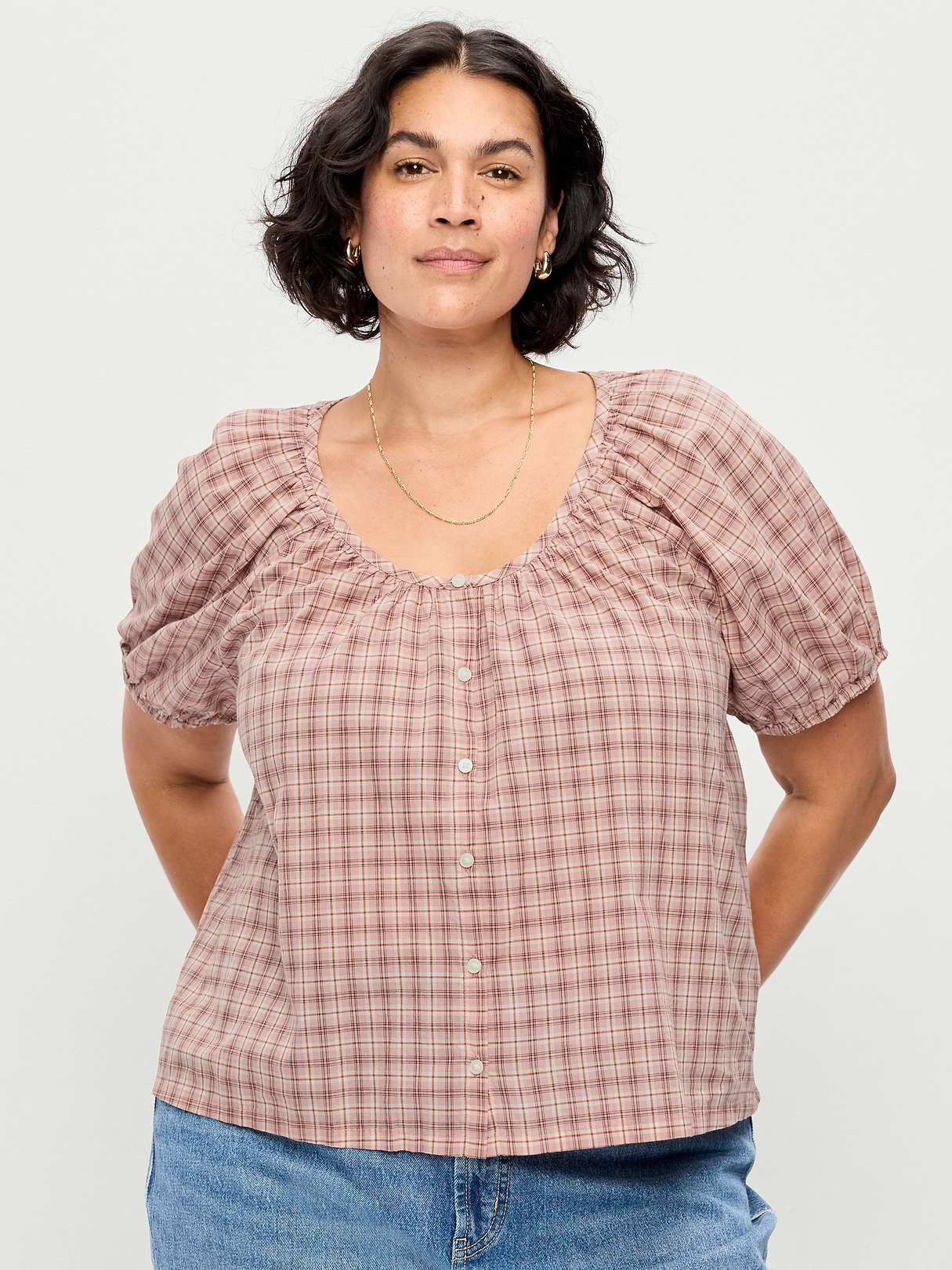 Airy Button-Down Top - Pink Plaid