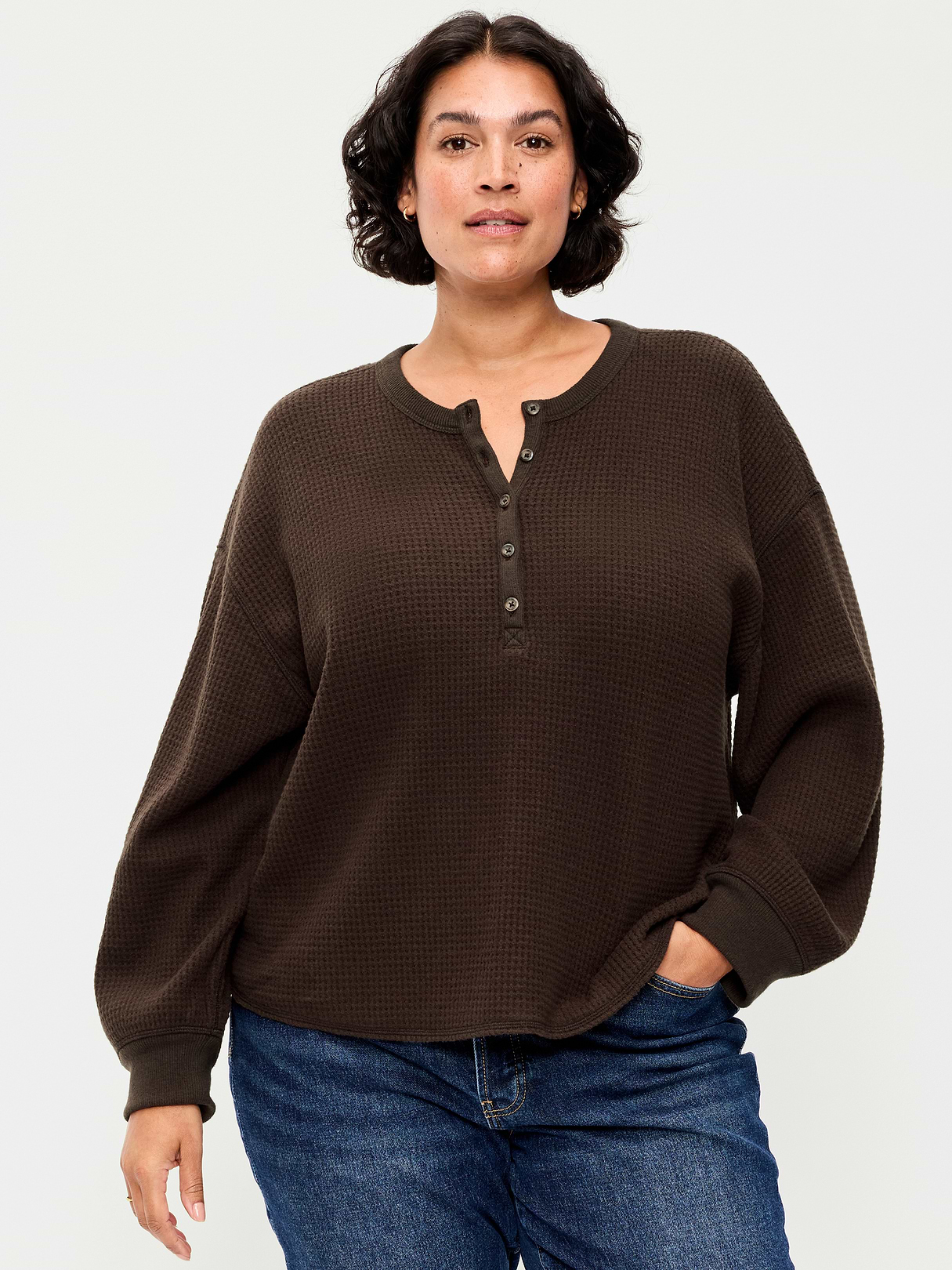 Long-Sleeve Crew-Neck Henley T-Shirt - Black Coffee