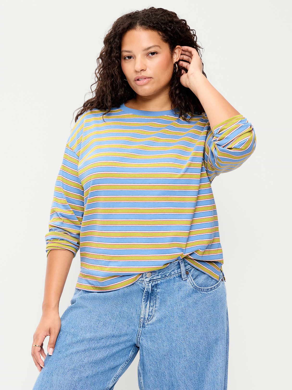 Vintage Long-Sleeve Crew-Neck T-Shirt - Blue/Green Stripe