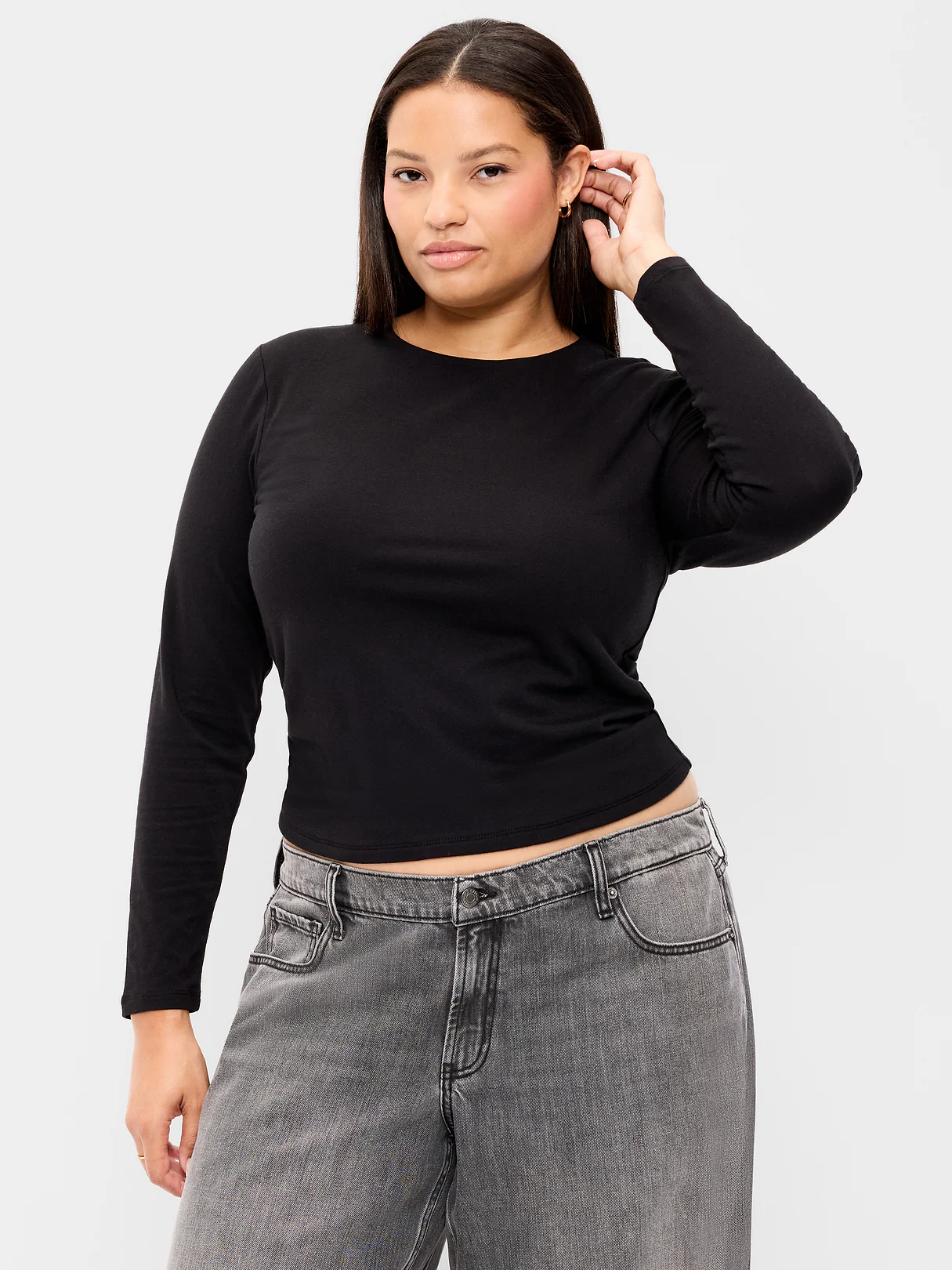 Hug Double-Layer Crew-Neck Long-Sleeve Top - Black Jack