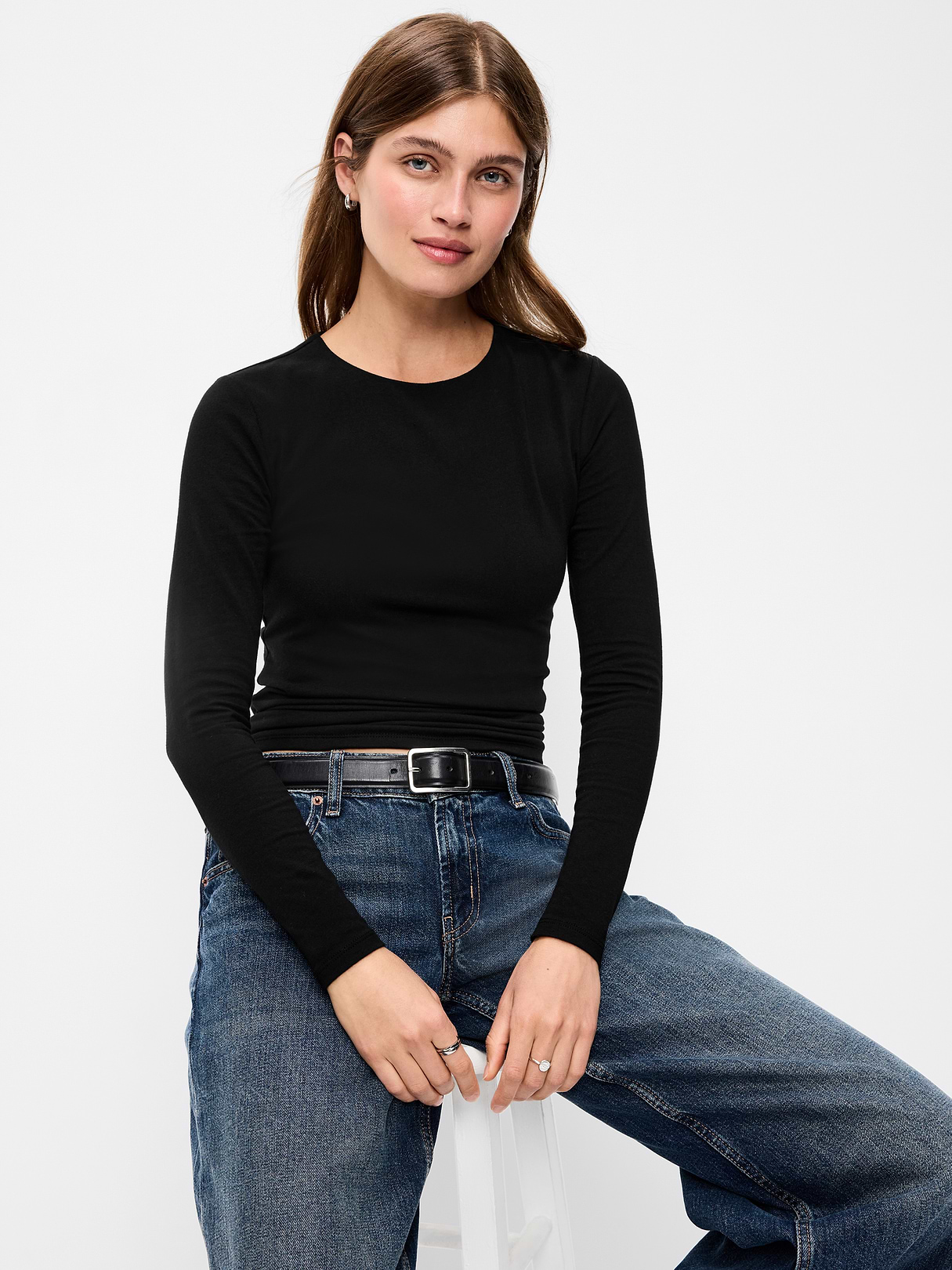 Hug Double-Layer Crew-Neck Long-Sleeve Top - Black Jack
