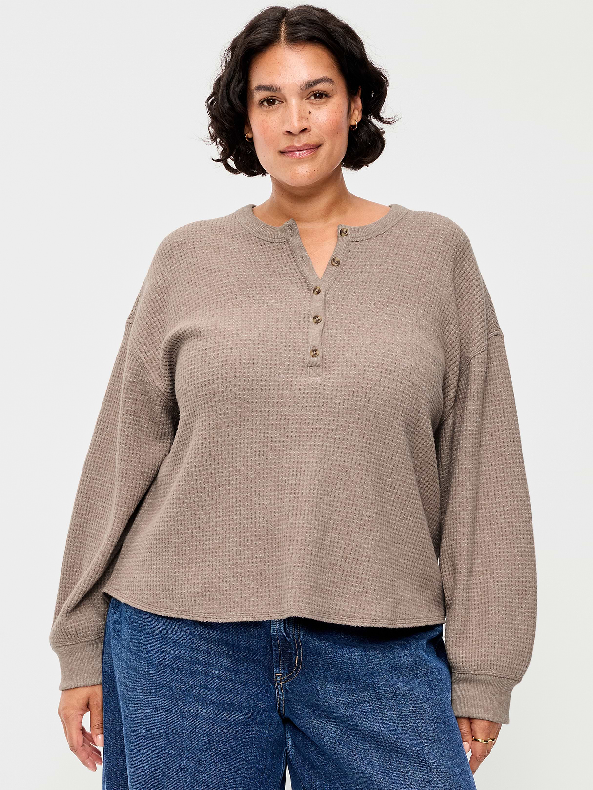 Long-Sleeve Crew-Neck Henley T-Shirt - Mushroom