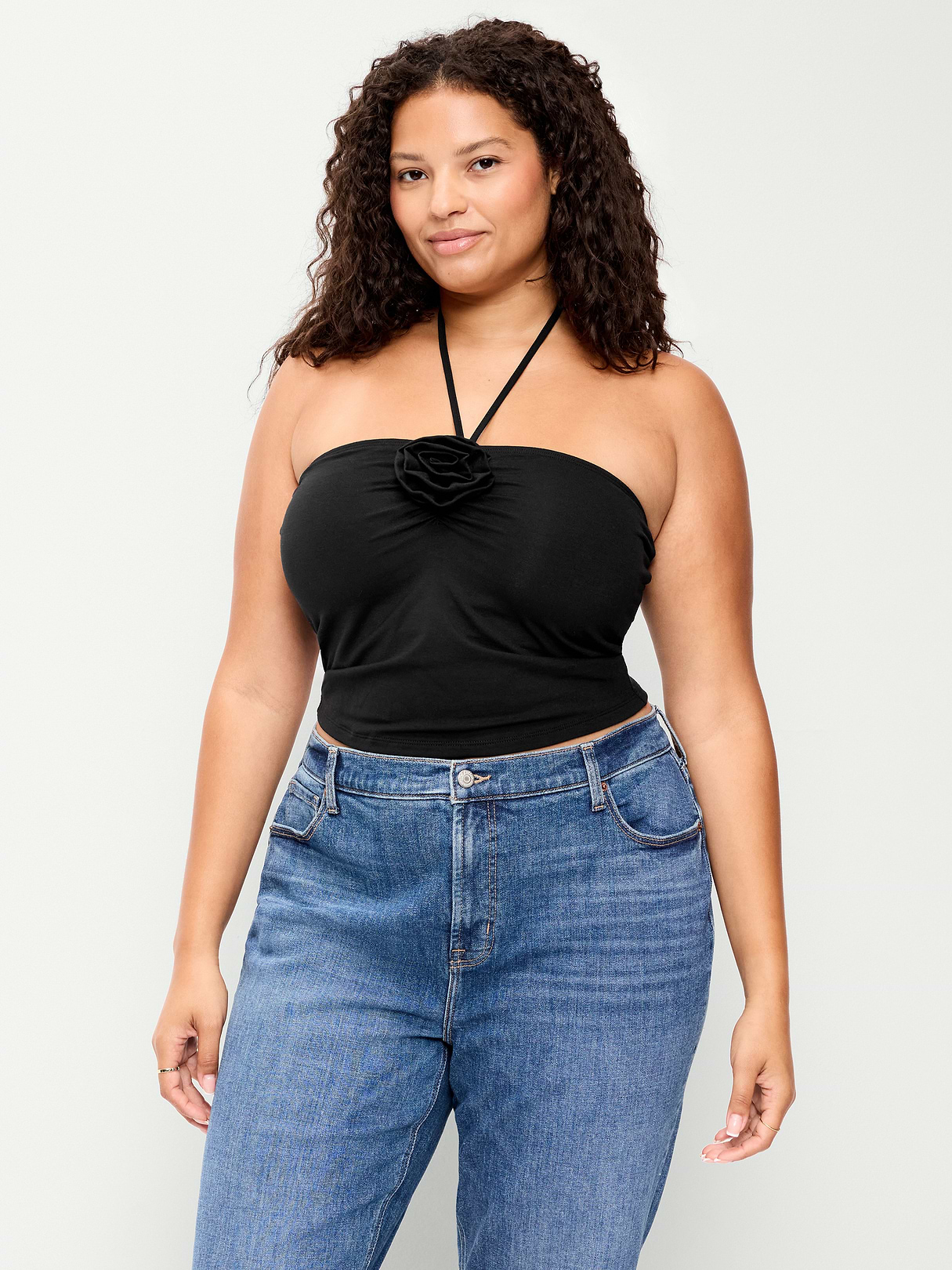 Tie-Neck Rosette Tube Top - Black Jack