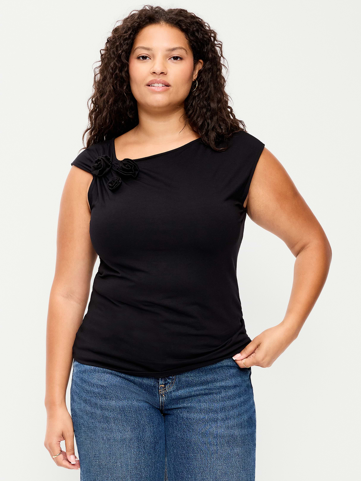 Gathered-Shoulder Rosette Top - Black Jack