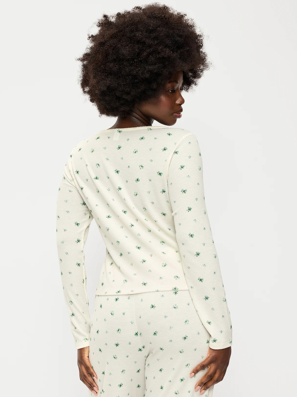 Waffle-Textured Long-Sleeve Pajama Top - Cream Ditsy Floral