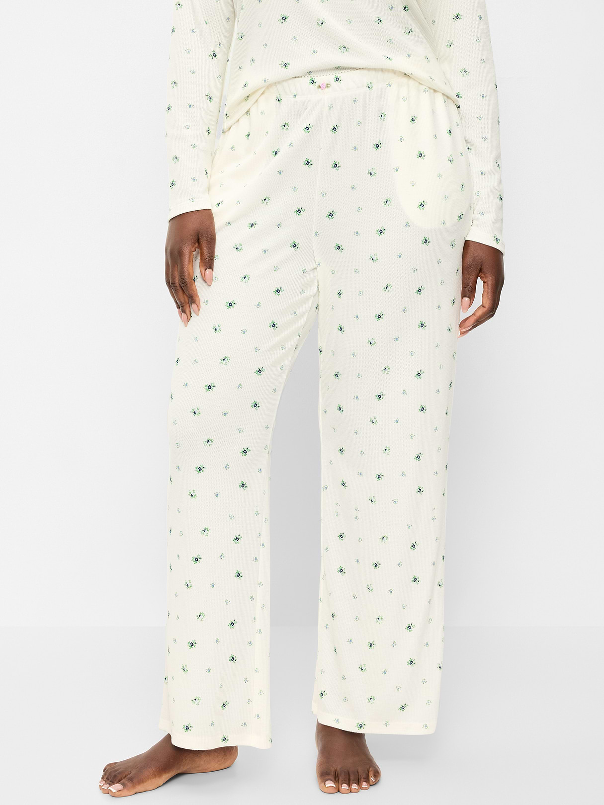 Waffle-Textured Pajama Pants - Cream Ditsy Floral