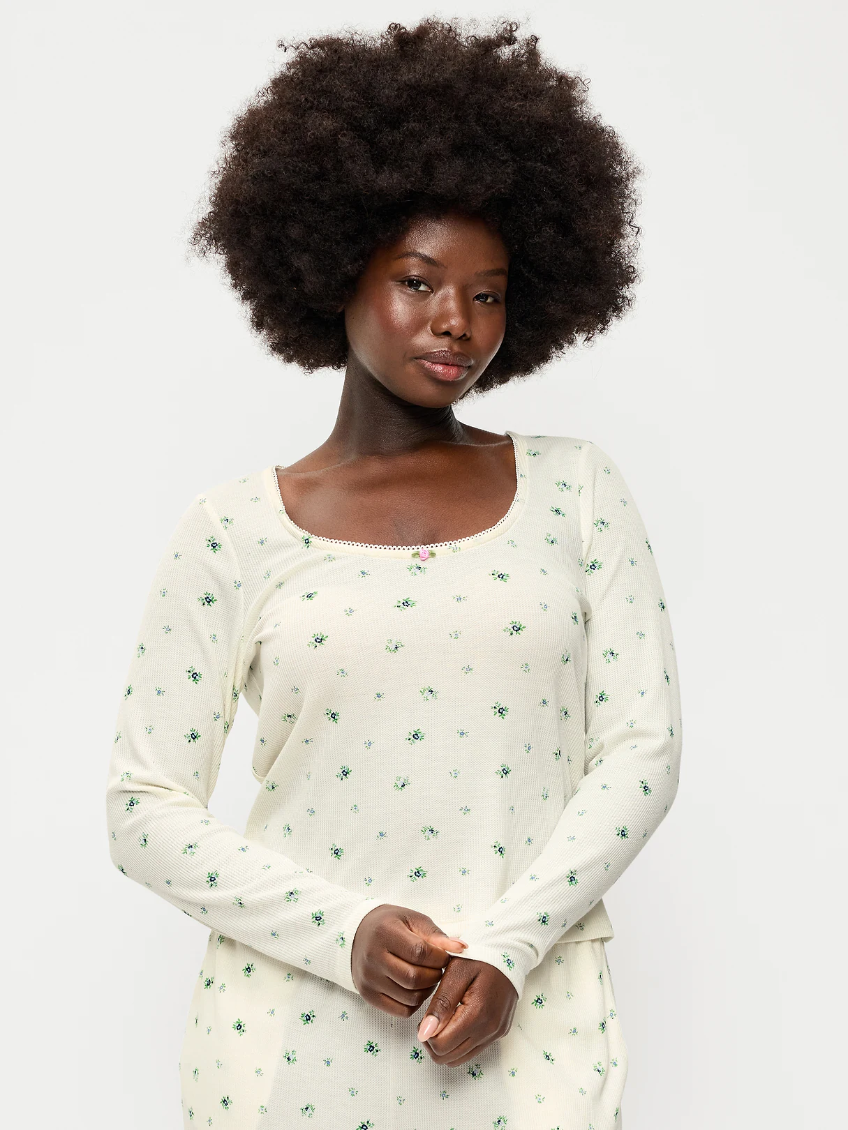Waffle-Textured Long-Sleeve Pajama Top - Cream Ditsy Floral