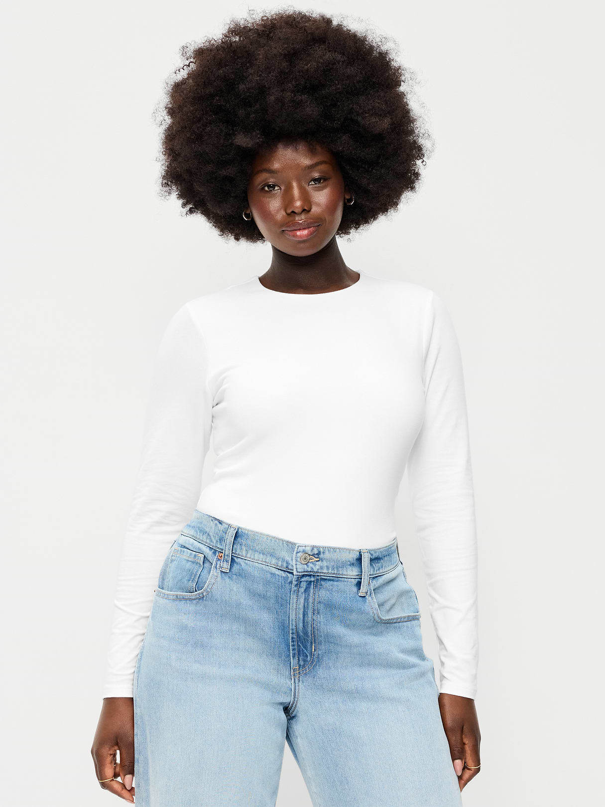 Hug Double-Layer Crew-Neck Long-Sleeve Top - White Lilies