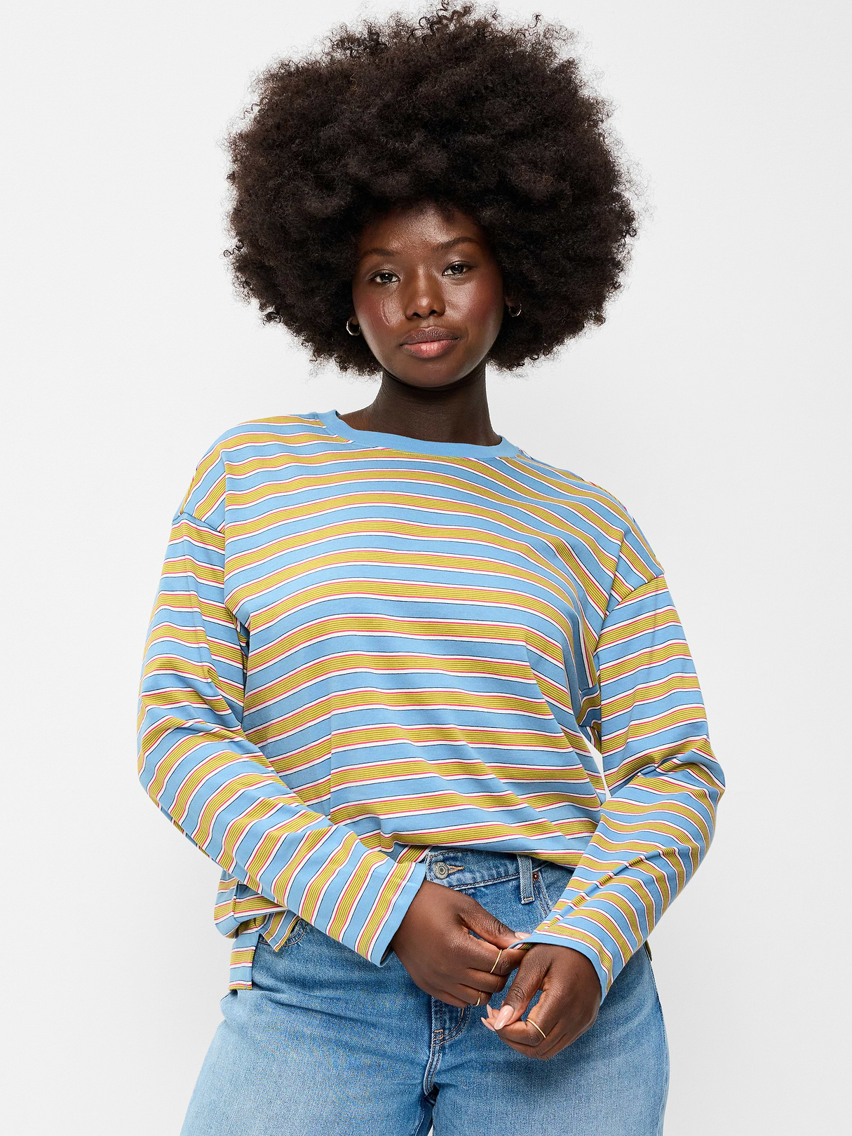 Vintage Long-Sleeve Crew-Neck T-Shirt - Blue/Green Stripe