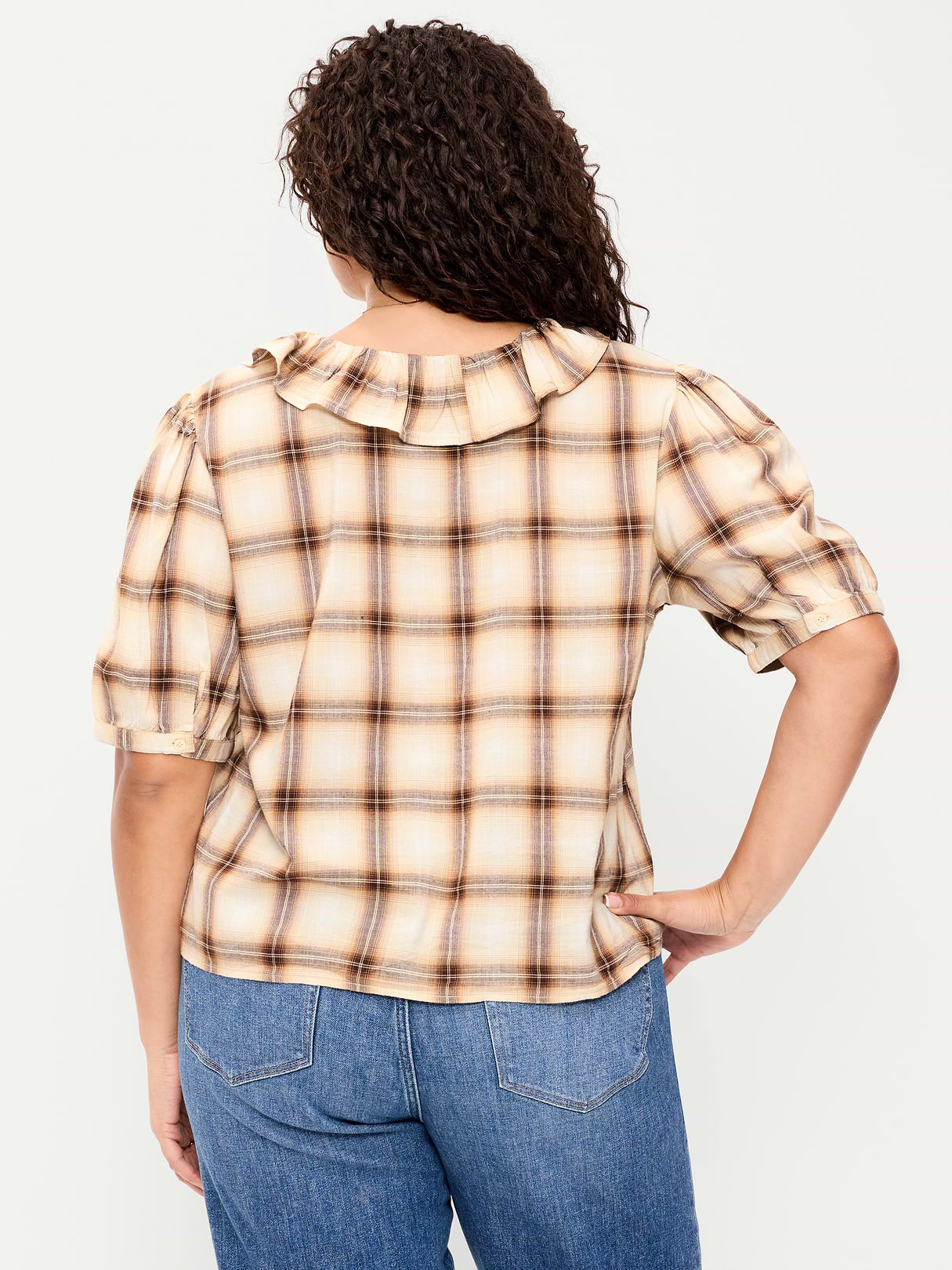 Ruffle Collar Tie-Front Top - Brown Plaid