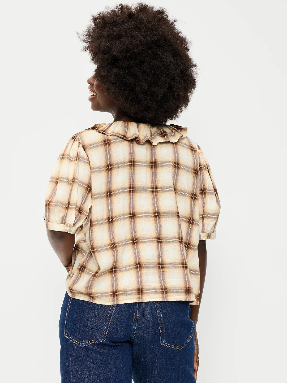 Ruffle Collar Tie-Front Top - Brown Plaid