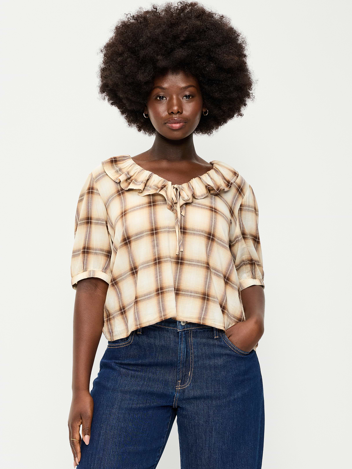 Ruffle Collar Tie-Front Top - Brown Plaid