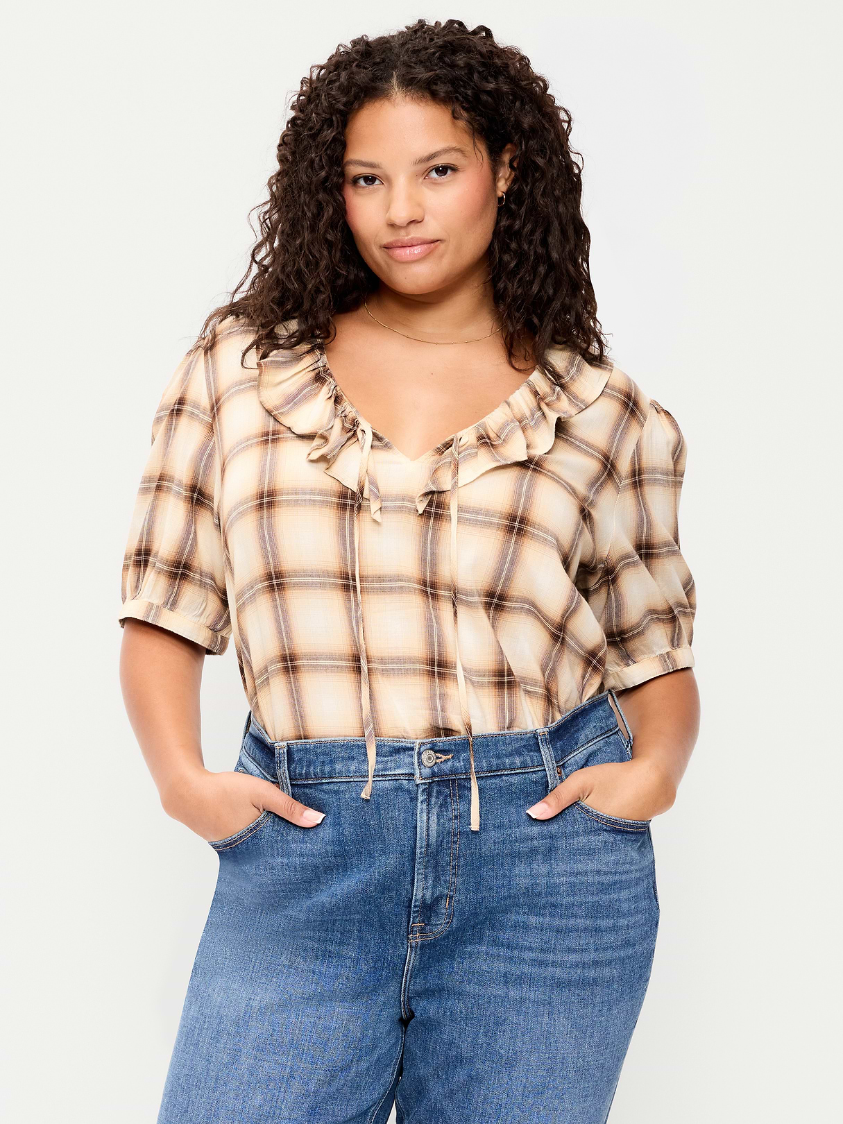 Ruffle Collar Tie-Front Top - Brown Plaid