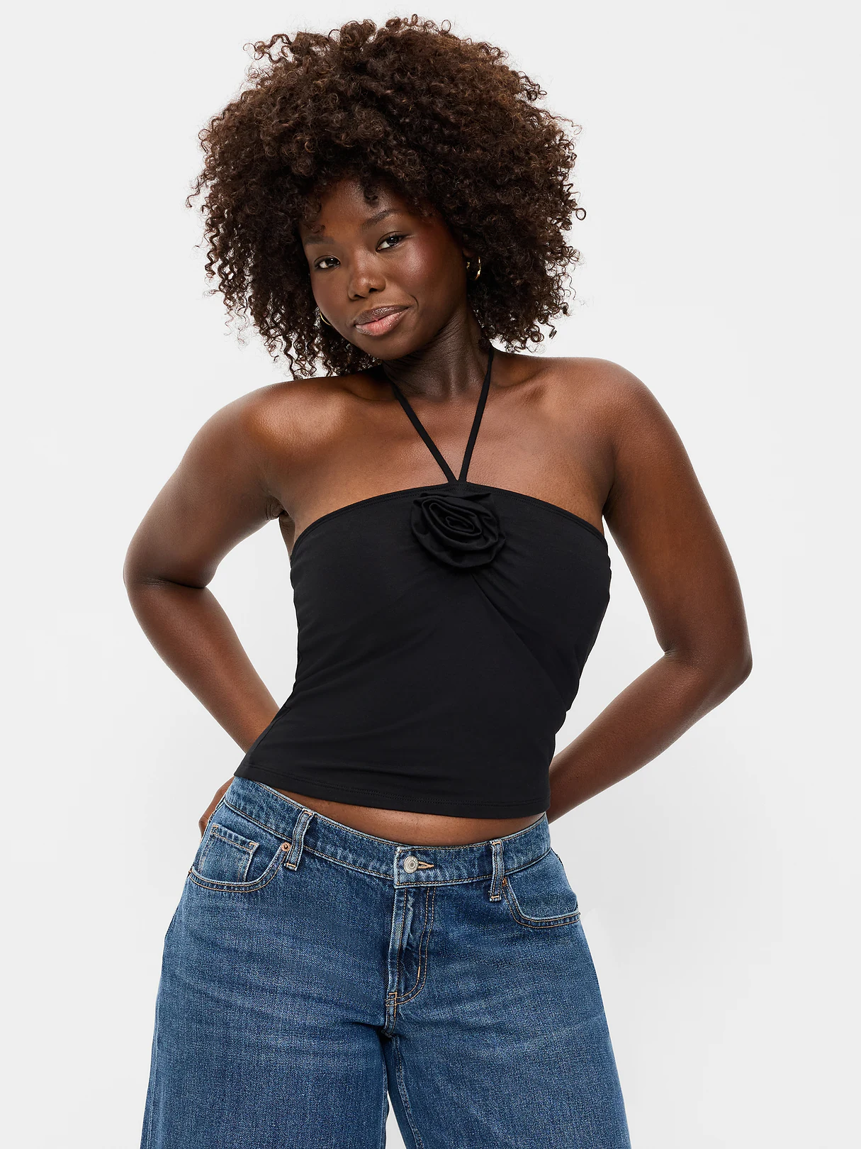 Tie-Neck Rosette Tube Top - Black Jack