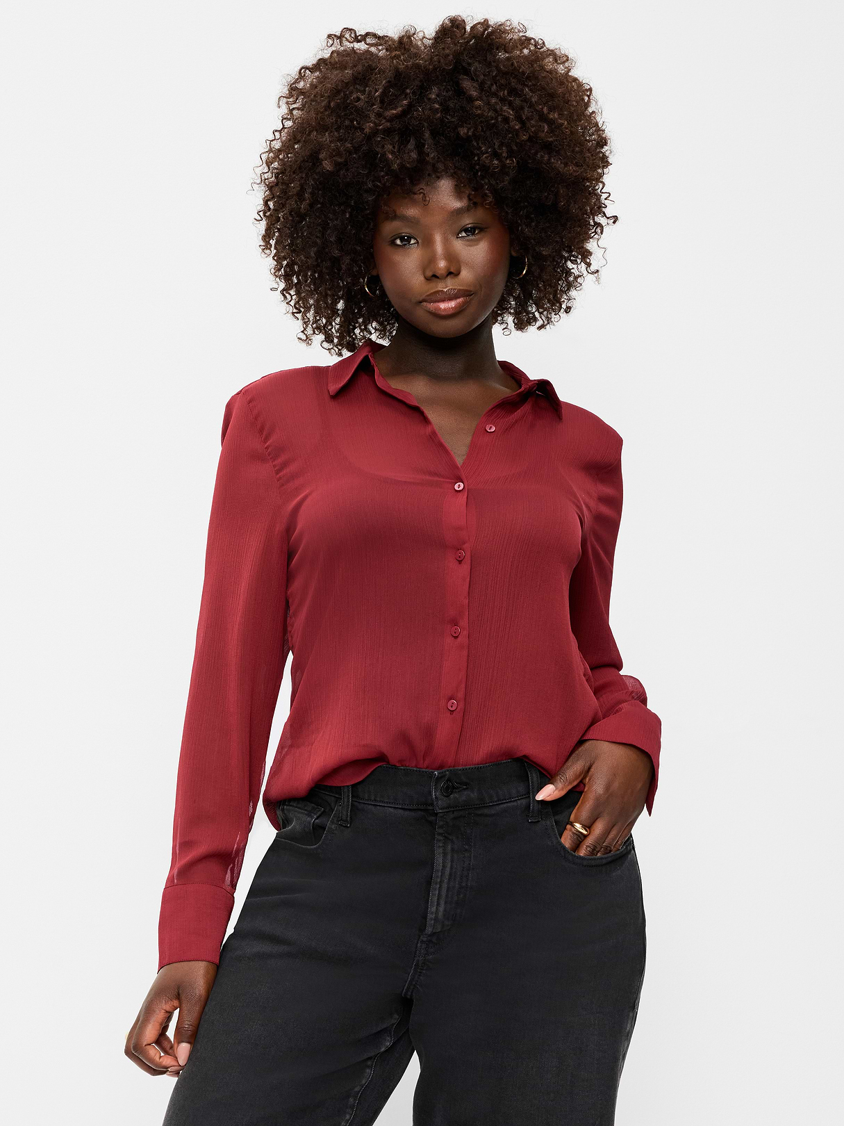Chiffon Sheer Button-Down Shirt - Emberglow