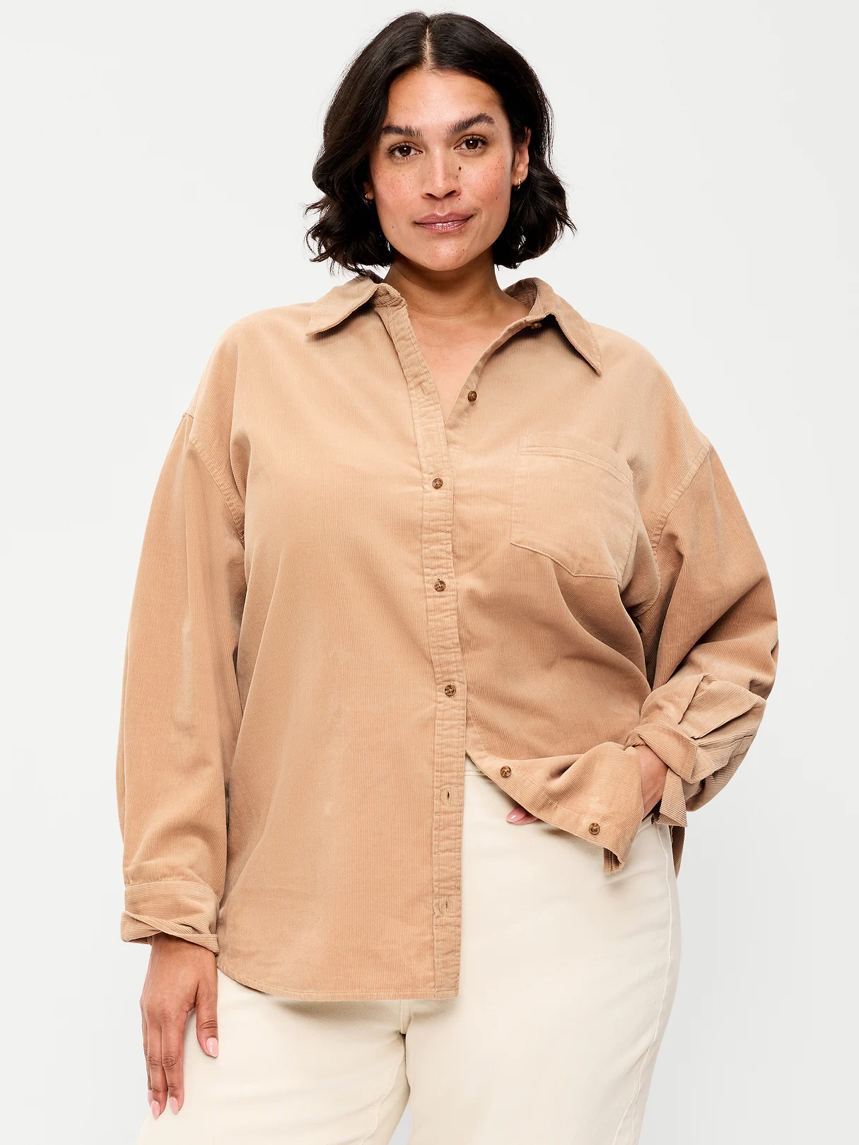Oversized Boyfriend Button-Down Corduroy Shirt - Dried Linen