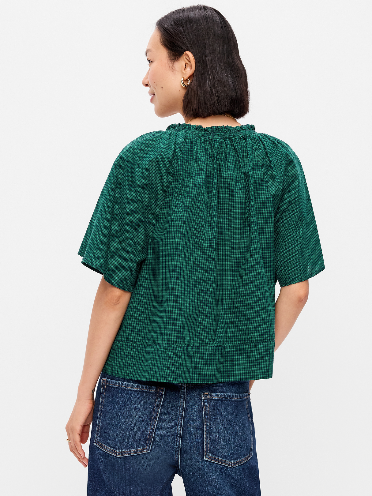 Loose Short-Sleeve Striped Top - Green Plaid