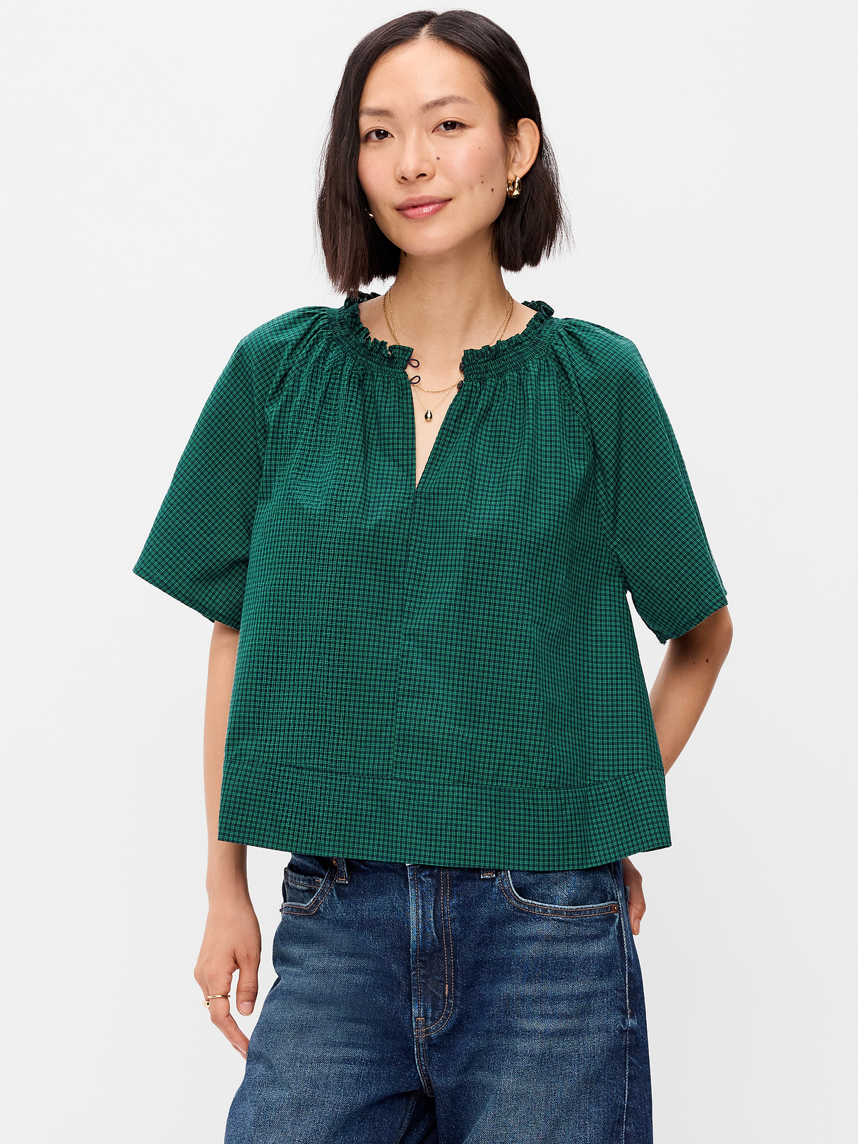 Loose Short-Sleeve Striped Top - Green Plaid