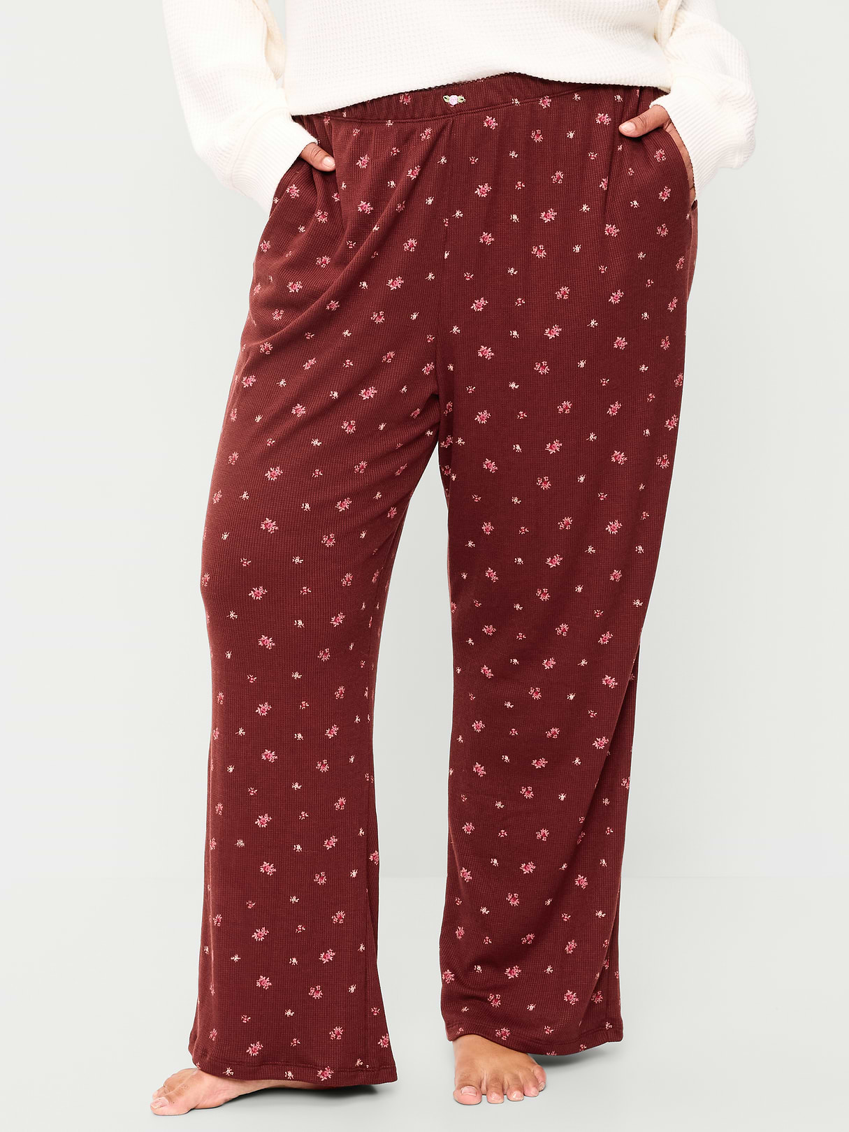 Waffle-Textured Pajama Pants - Burgundy Ditsy Floral