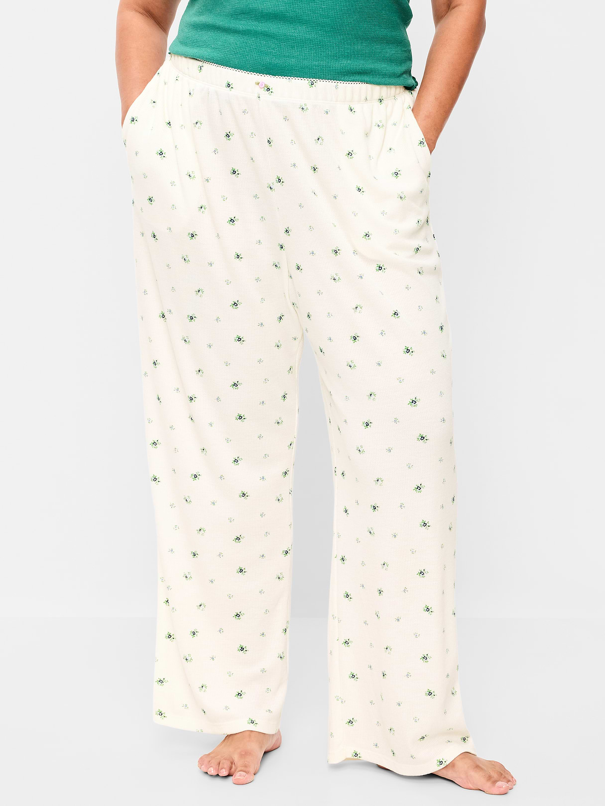 Waffle-Textured Pajama Pants - Cream Ditsy Floral