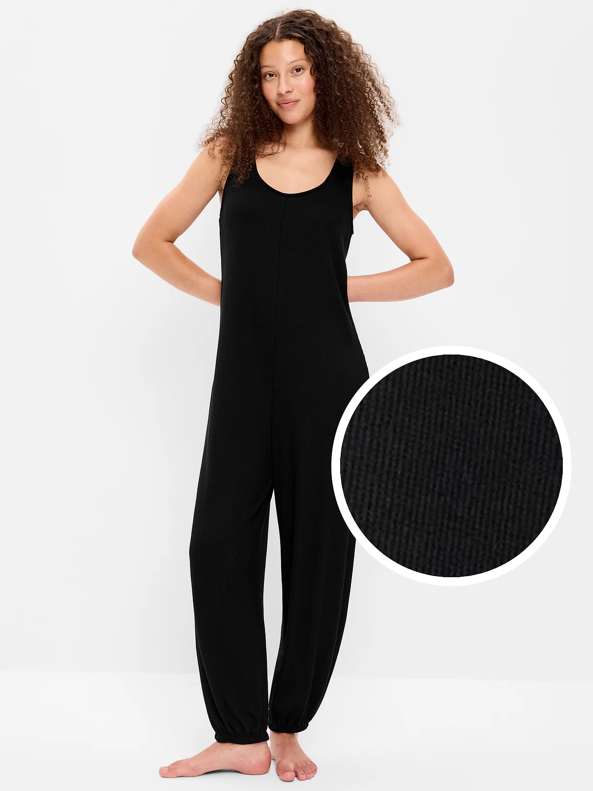 Waffle-Knit Harem-Leg Pajama Jumpsuit - Black Jack