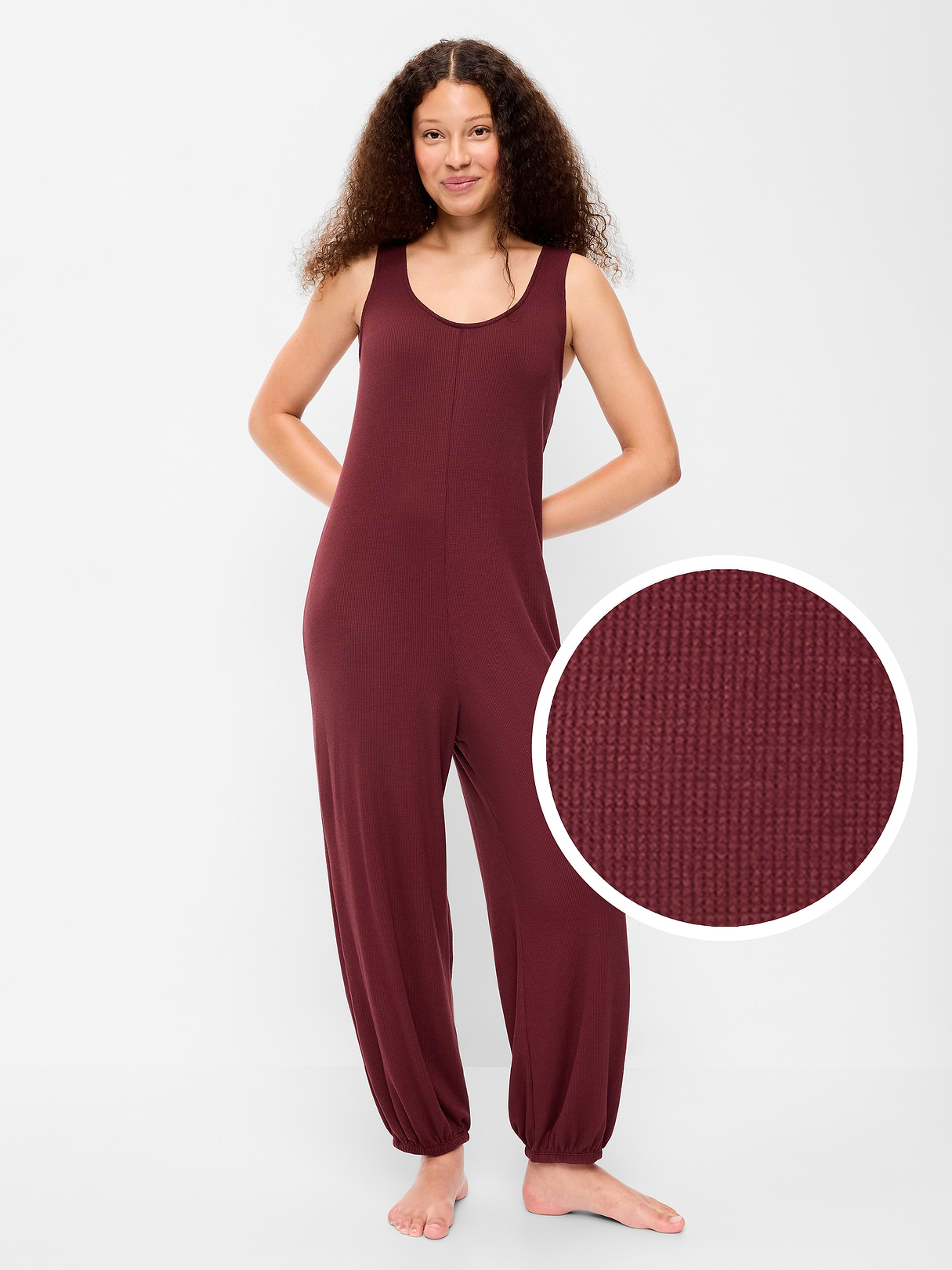 Waffle-Knit Harem-Leg Pajama Jumpsuit - Reddy Or Not