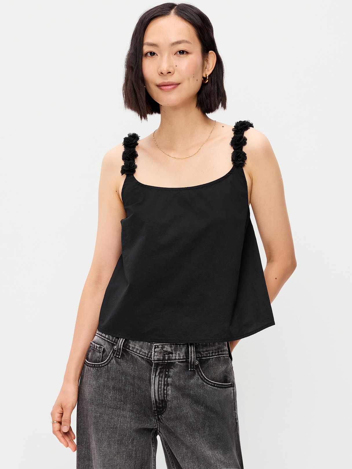 Rosette-Strap Tank Top - Black Jack